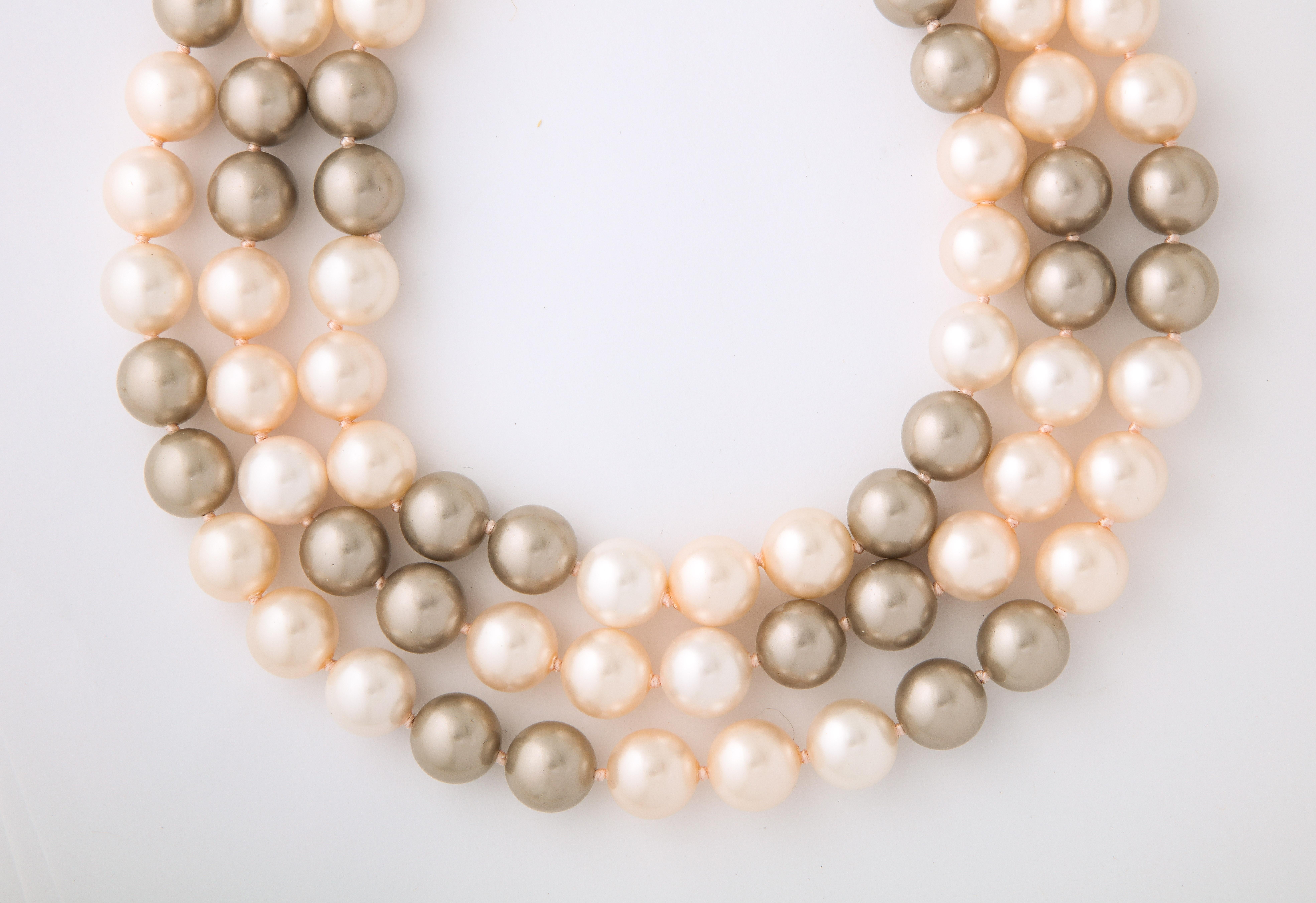 Modern Classic Tahitian Seas Mix Japanese Hand Made Faux Pearl Triple Strand Necklace