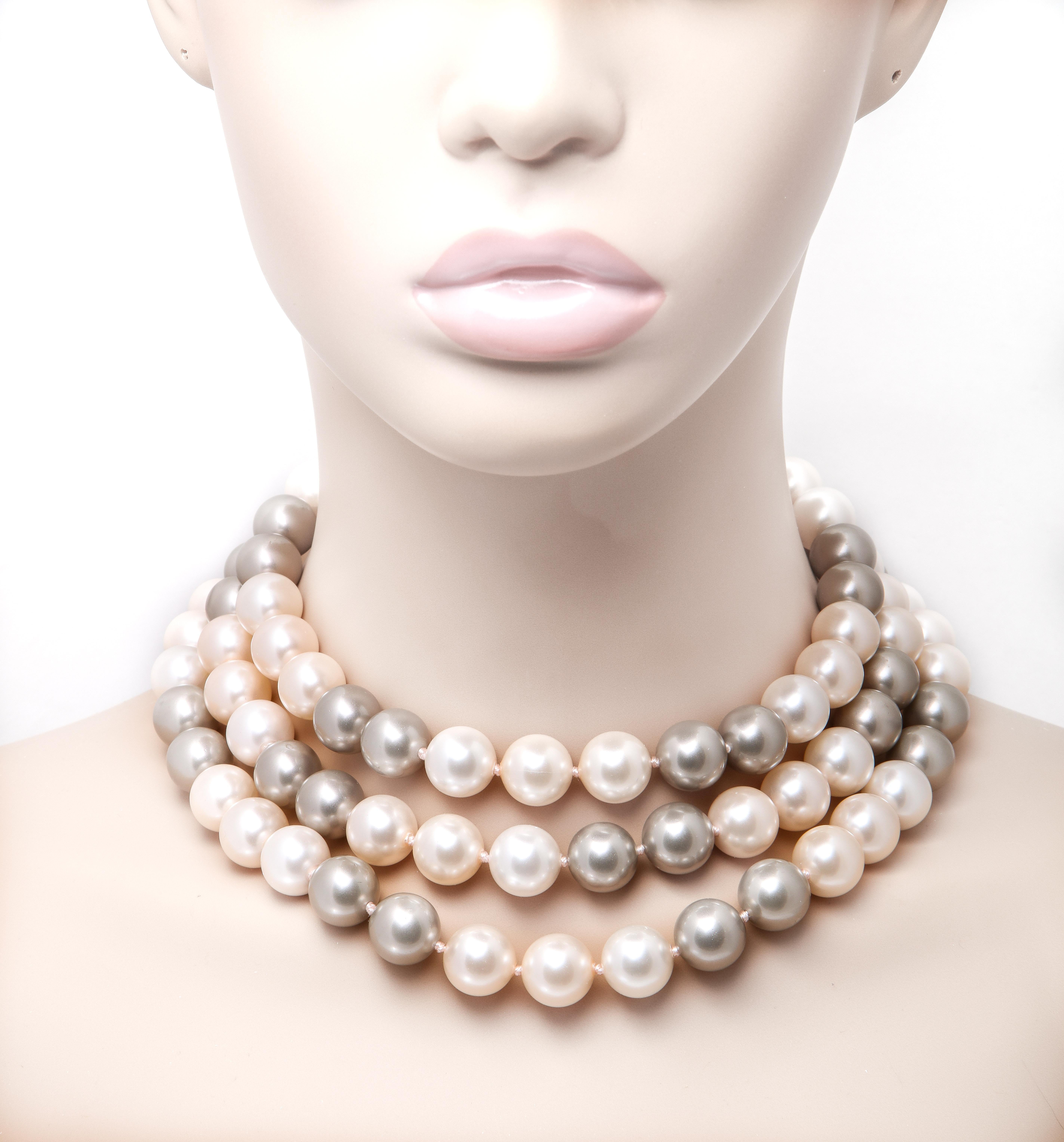 Women's Classic Tahitian Seas Mix Japanese Hand Made Faux Pearl Triple Strand Necklace