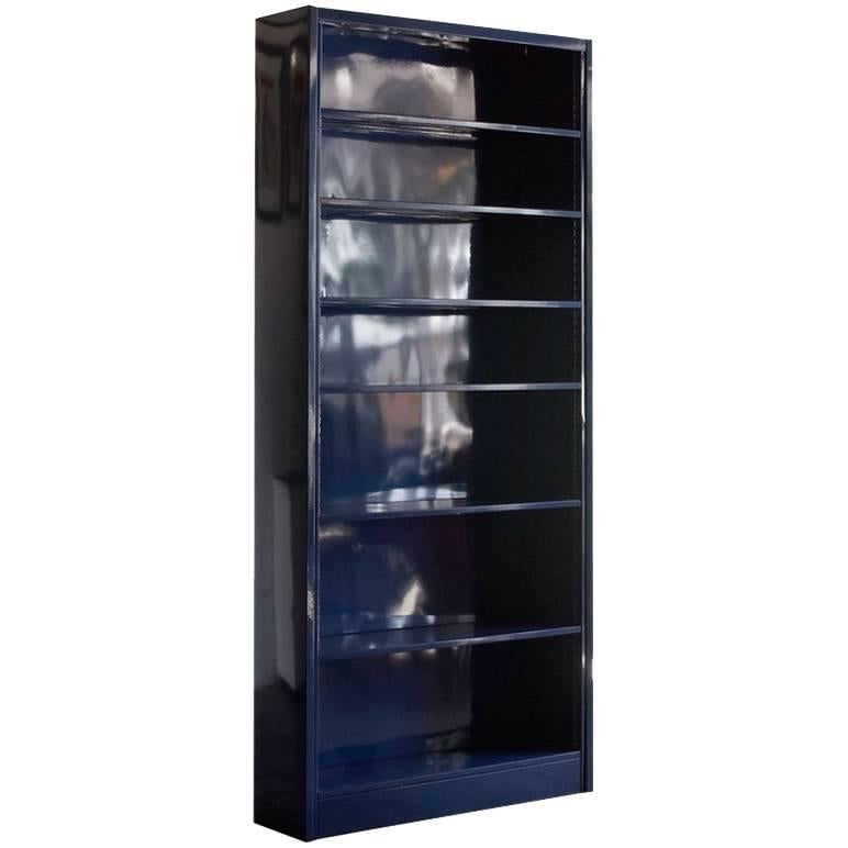 Classic Tall Steel Tanker Bookcase Custom Refinished in Midnight Blue For Sale