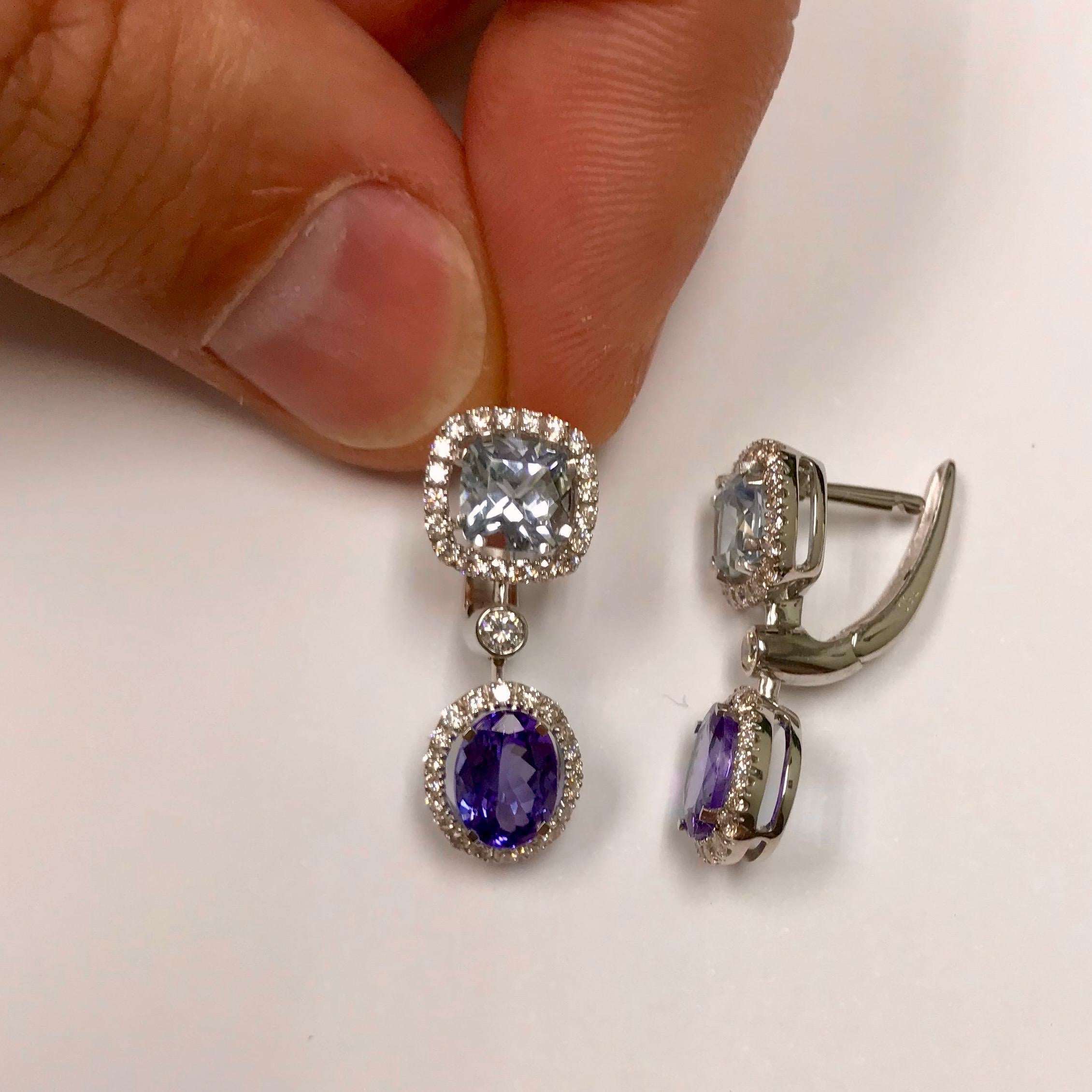 Neoclassical Classic Tanzanite Aquamarine Diamond 18 Karat White Gold Earrings For Sale
