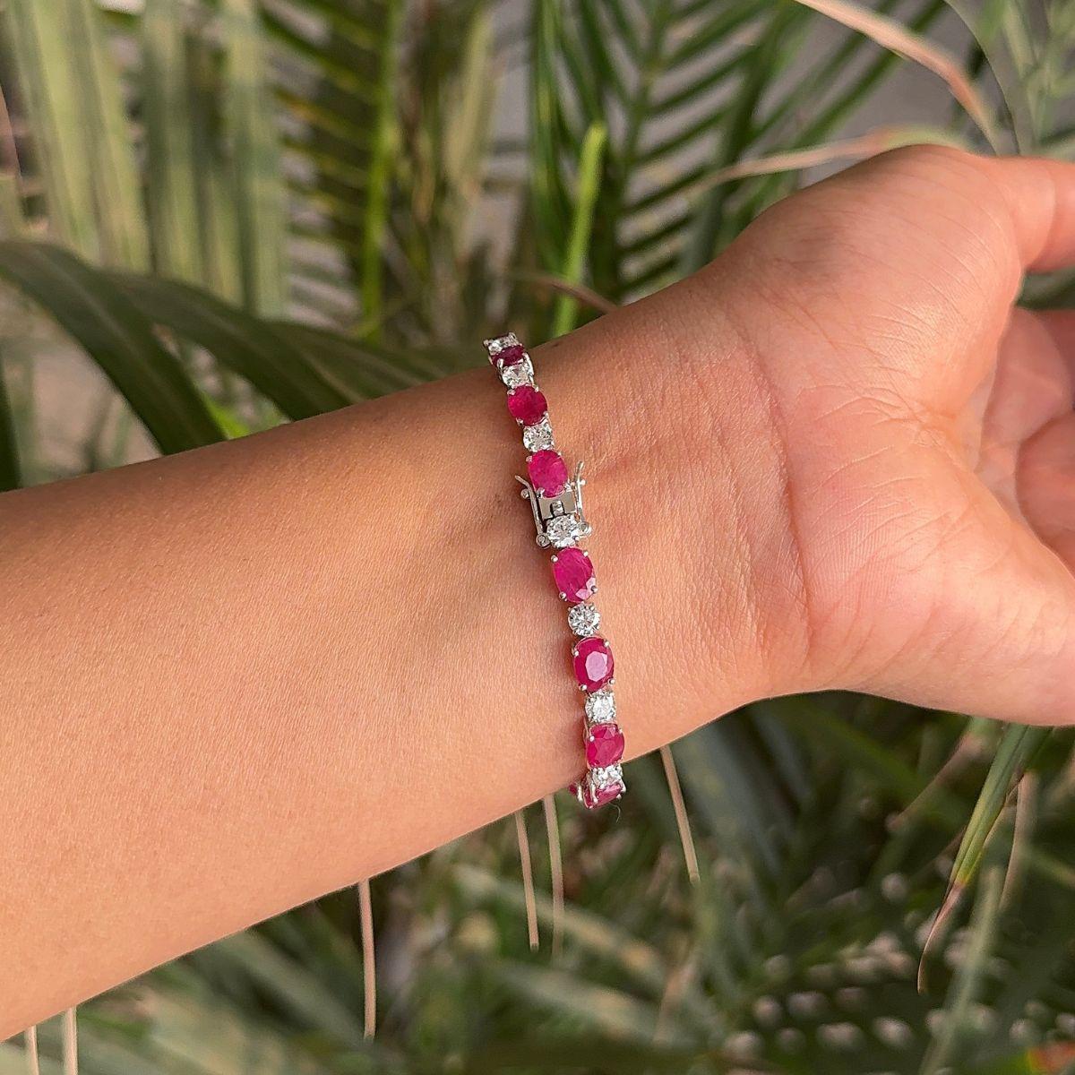 Oval Cut 925 Silver in Modern Ruby and CZ Silver Tennis Bracelet Gift for Her Graduation For Sale