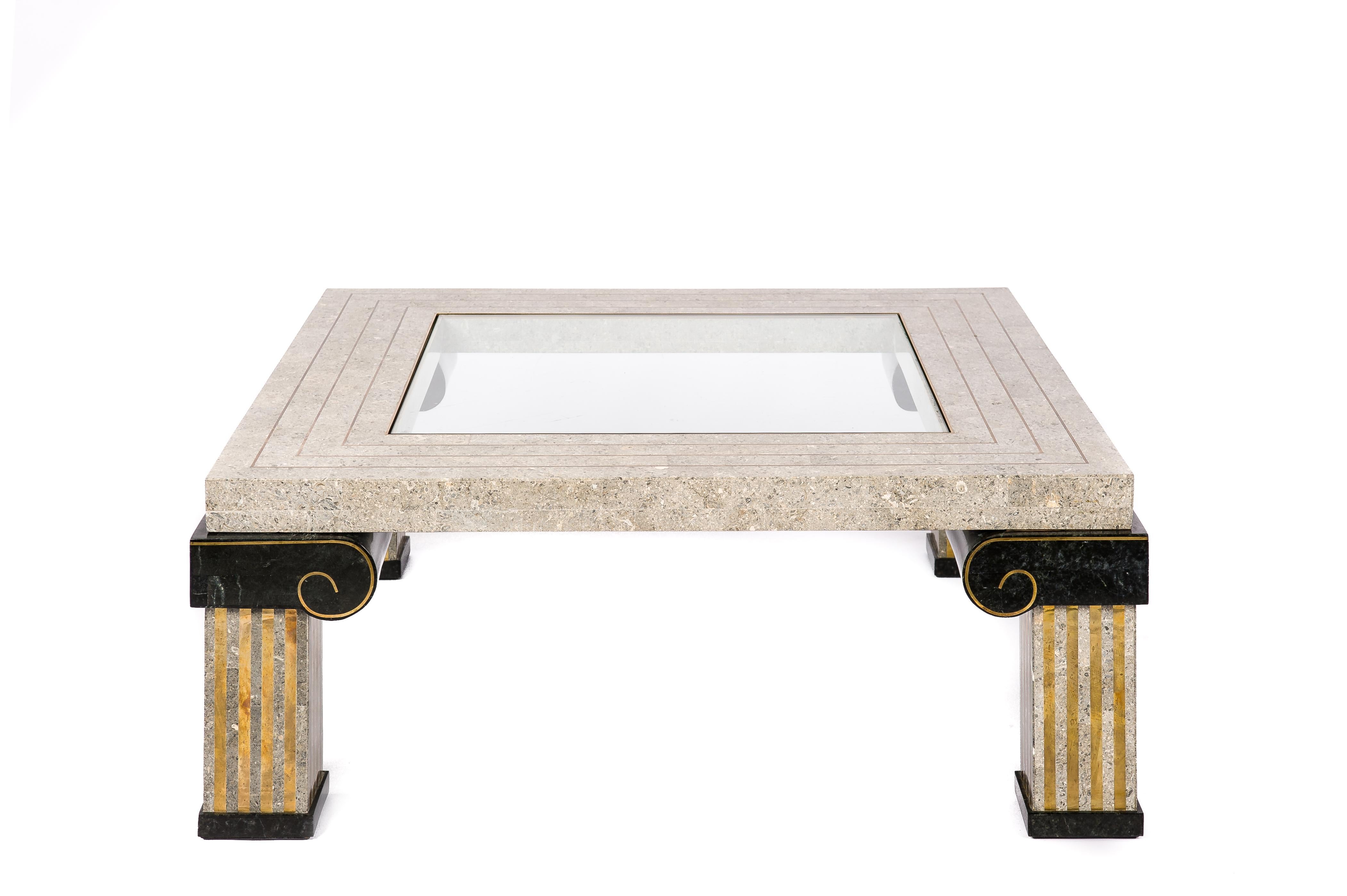 Neoclassical Classic Tesselated Fossil Stone and Inlaid Brass Coffee Table by Maitland Smith For Sale