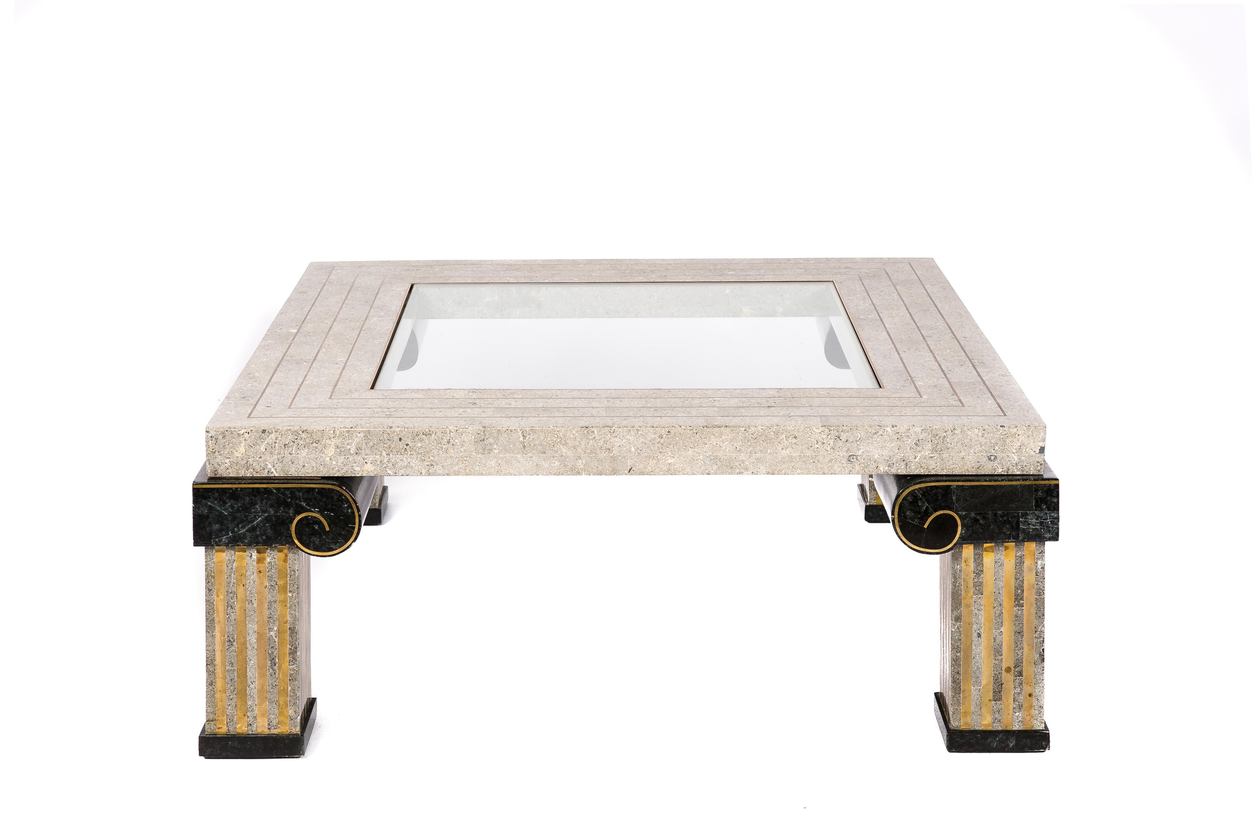 Philippine Classic Tesselated Fossil Stone and Inlaid Brass Coffee Table by Maitland Smith For Sale