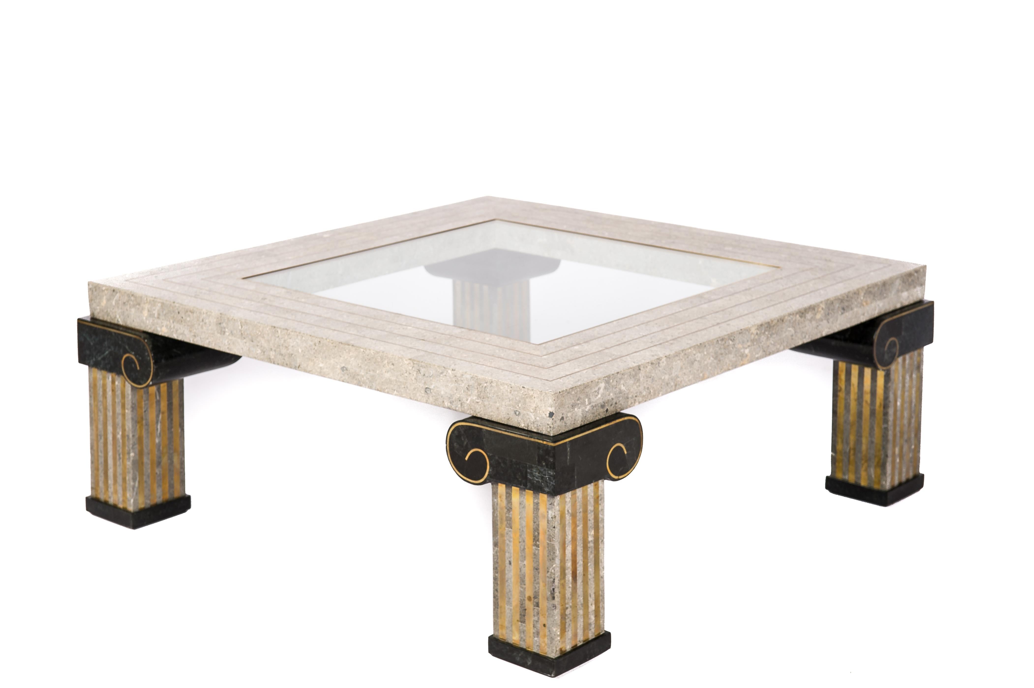 Marquetry Classic Tesselated Fossil Stone and Inlaid Brass Coffee Table by Maitland Smith For Sale