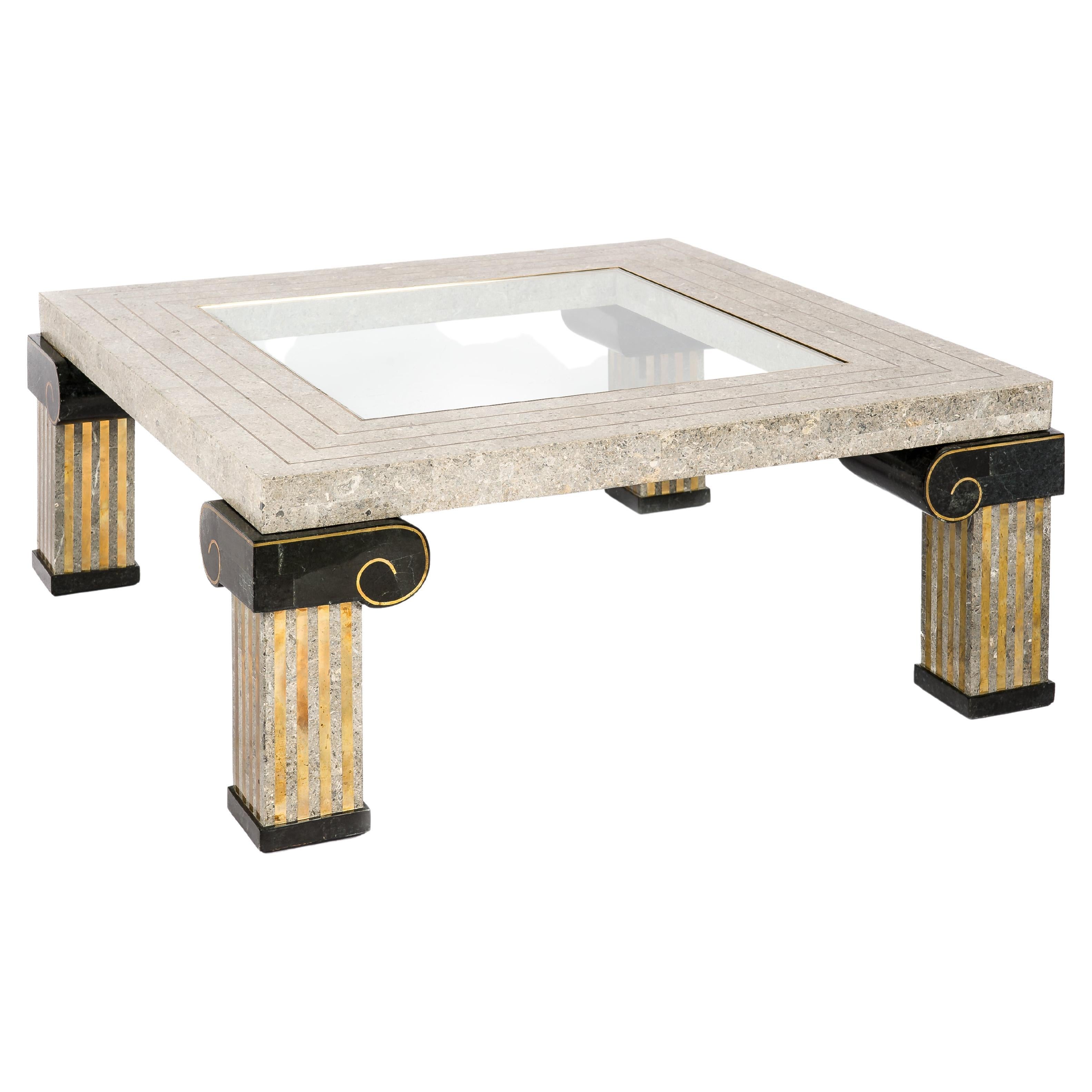 Classic Tesselated Fossil Stone and Inlaid Brass Coffee Table by Maitland Smith For Sale