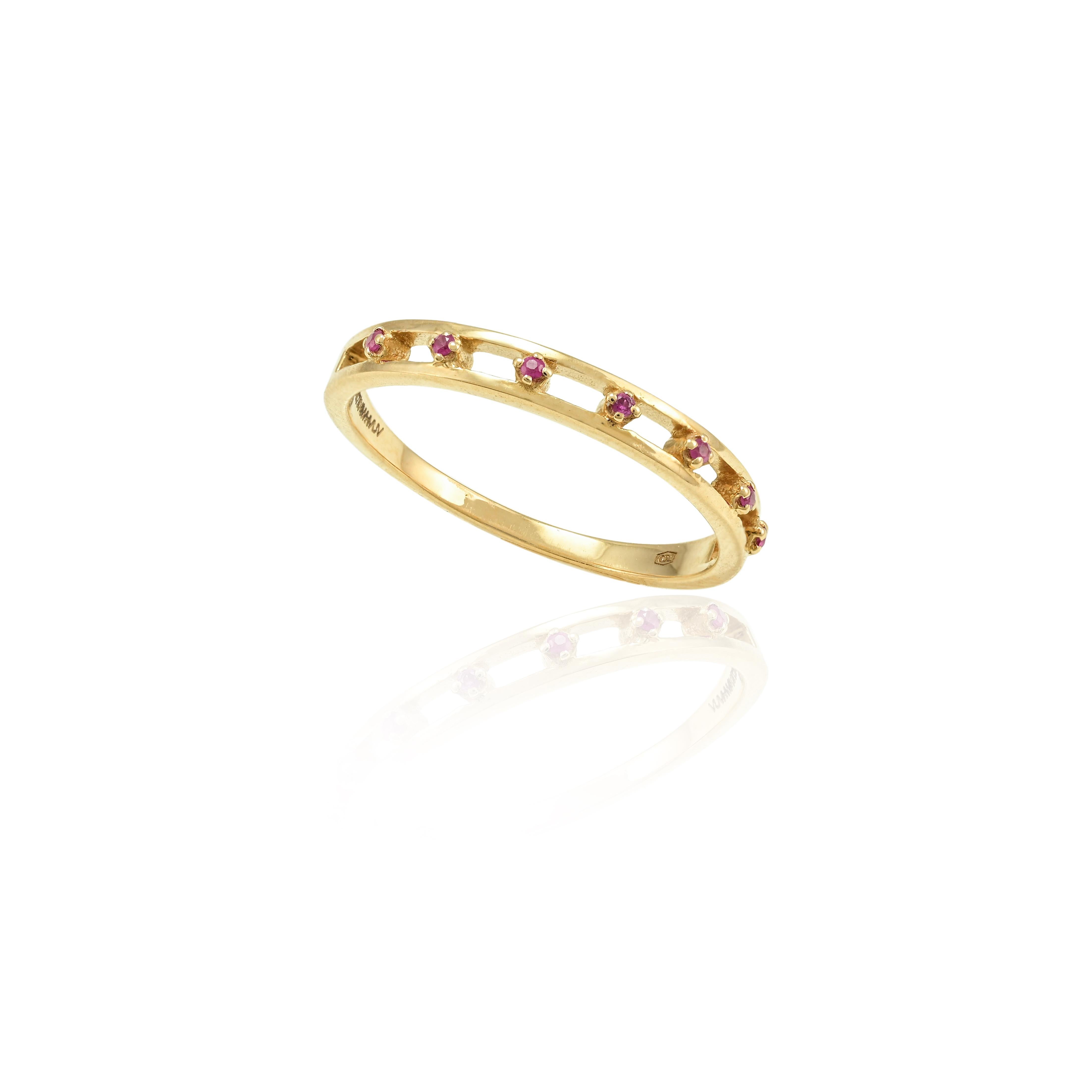 For Sale:  Dainty Natural Ruby Everyday Stacking Band Ring in 18k Solid Yellow Gold 7