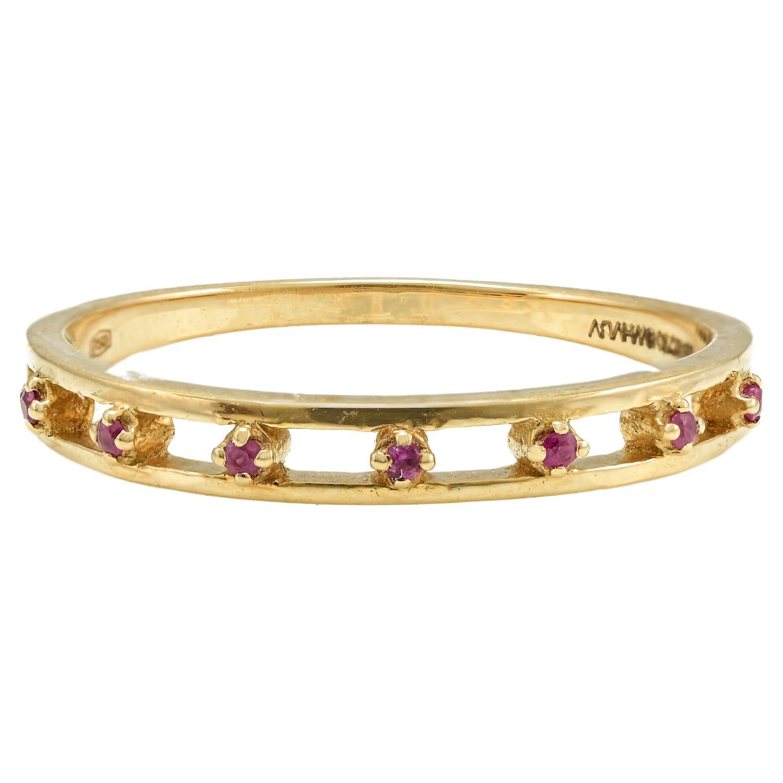 For Sale:  Dainty Natural Ruby Everyday Stacking Band Ring in 18k Solid Yellow Gold
