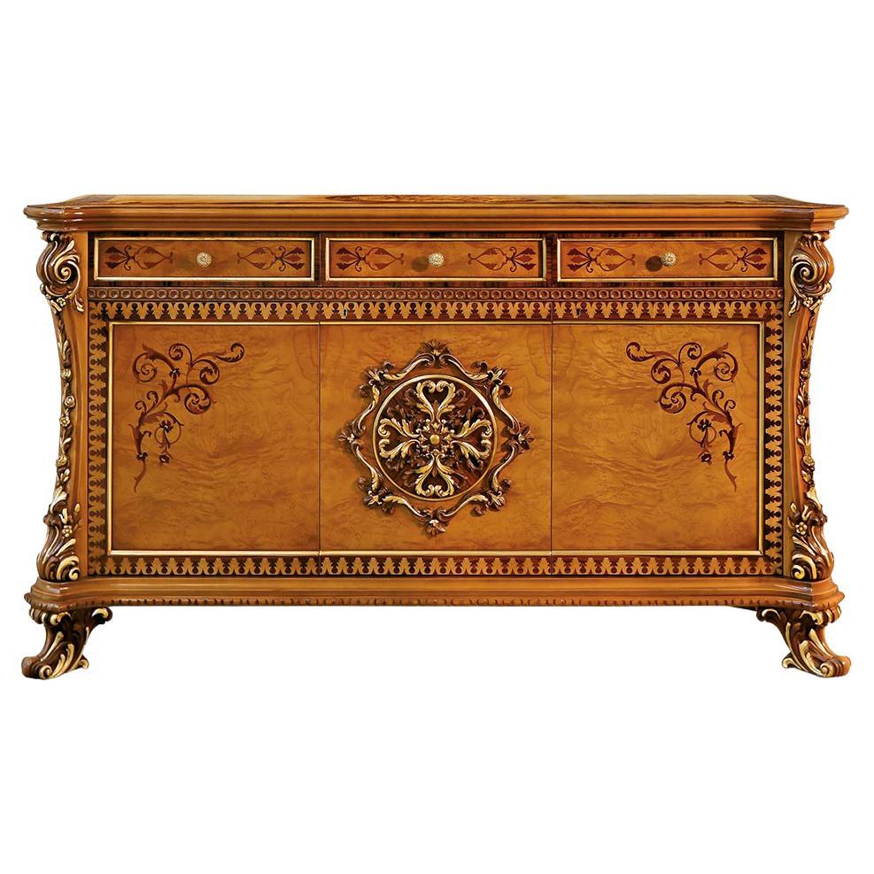 Classic Three Doors Sideboard with Drawers in Radica Inlays by Modenese For Sale