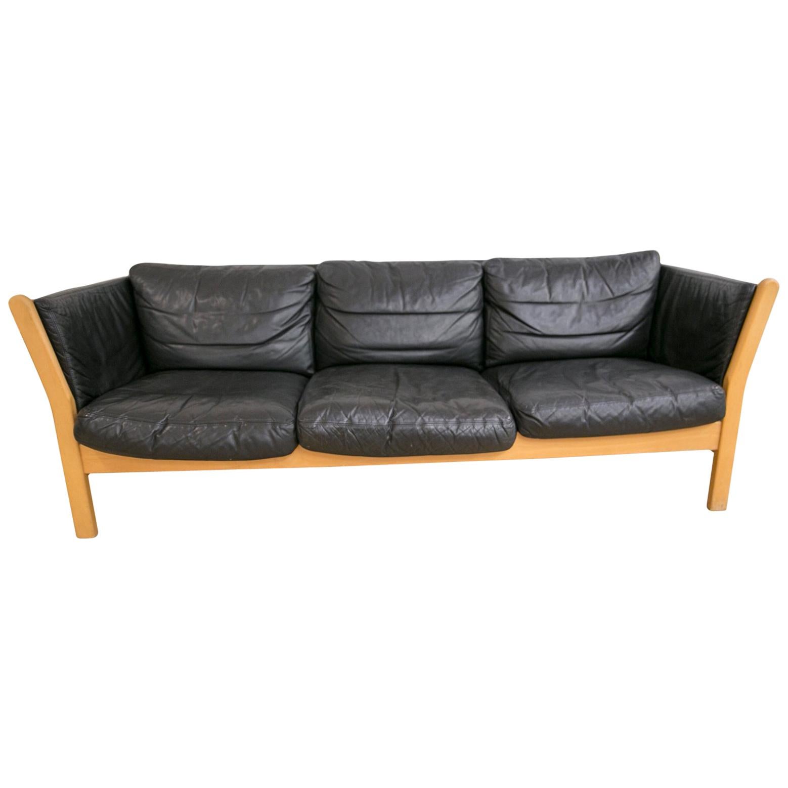 Classic Three-Seat in Black Patinated Leather For Sale