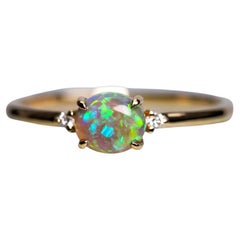 Classic Three Stone Australian Semi Black Opal Diamond Ring