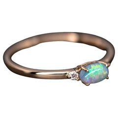 Classic Three Stones Black Opal Diamond Engagement Ring 18K Yellow Gold