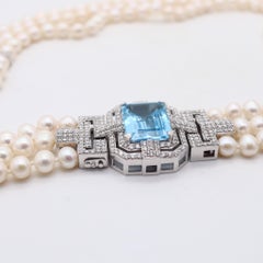 CLASSIC Three Strands Pearls Necklace In 18Kt White Gold Aquamarine & Diamonds