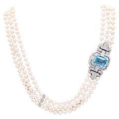 CLASSIC Three Strands Pearls Necklace In 18Kt White Gold Aquamarine & Diamonds