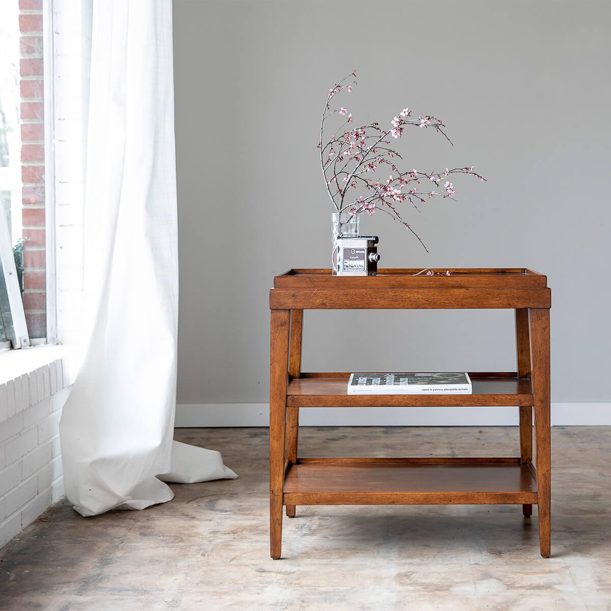 Neoclassical Classic Three-Tier Side Table, Rustic White For Sale