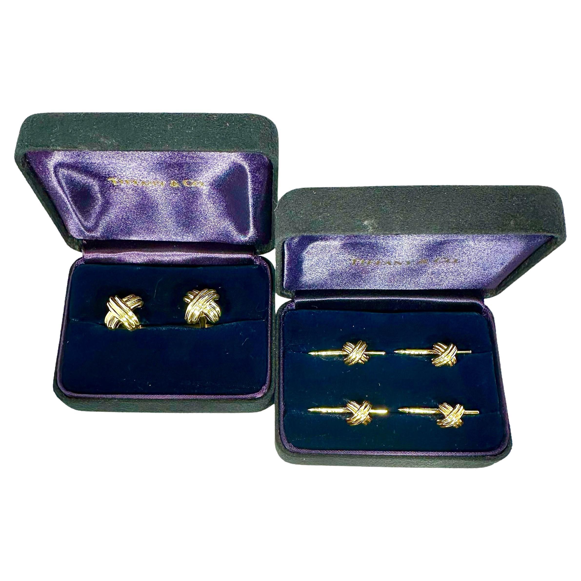 Classic Tiffany & Co. 18K Gold "X" Motif Four Button Stud Set For Sale