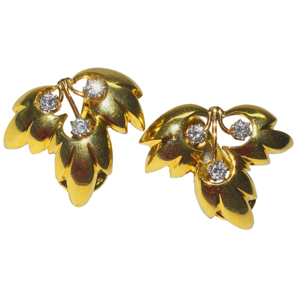 Classic Tiffany & Co. Diamond and Gold Leaf Ear Clips
