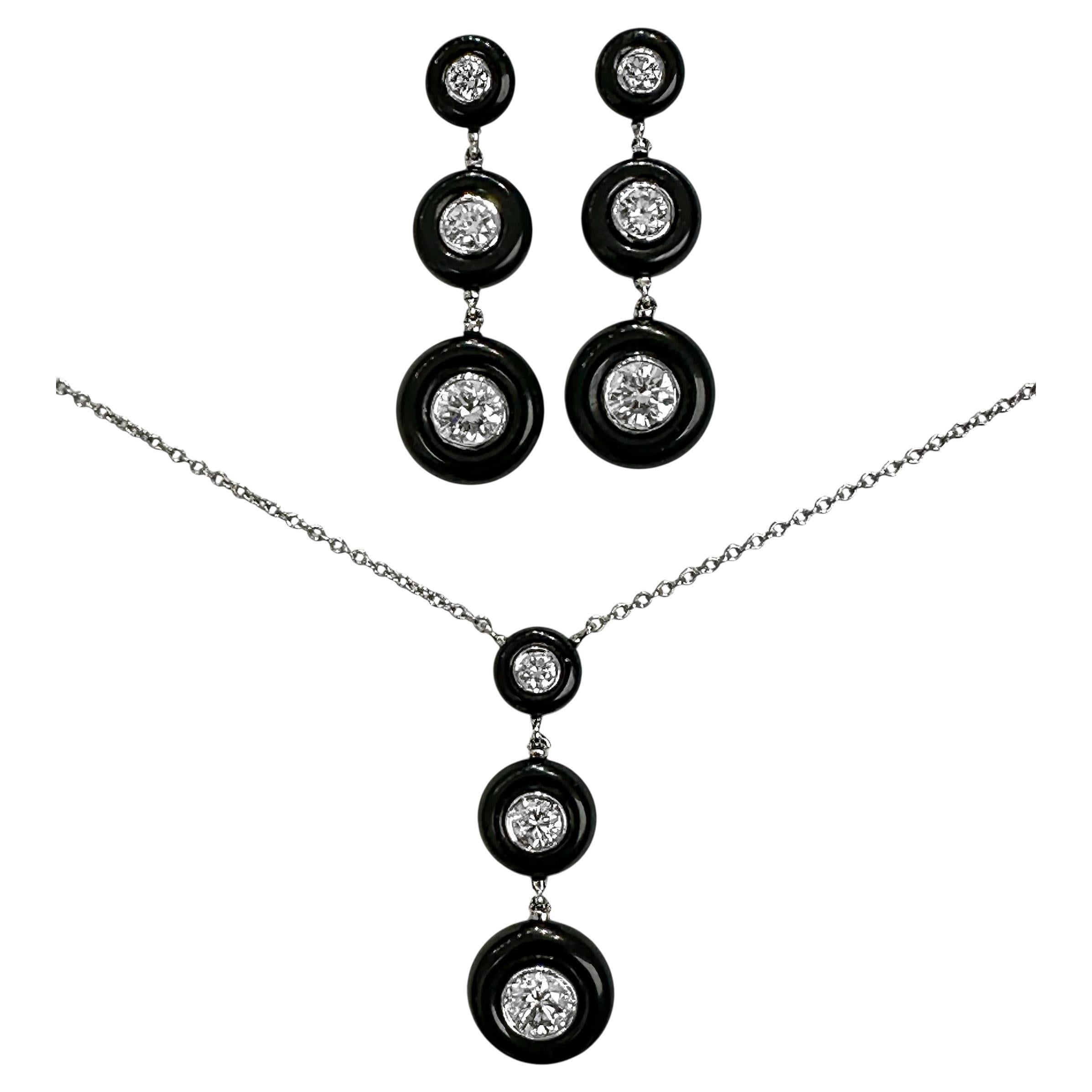 Tiffany & Co. Set di orecchini e ciondoli in platino, diamanti e onice nera in vendita