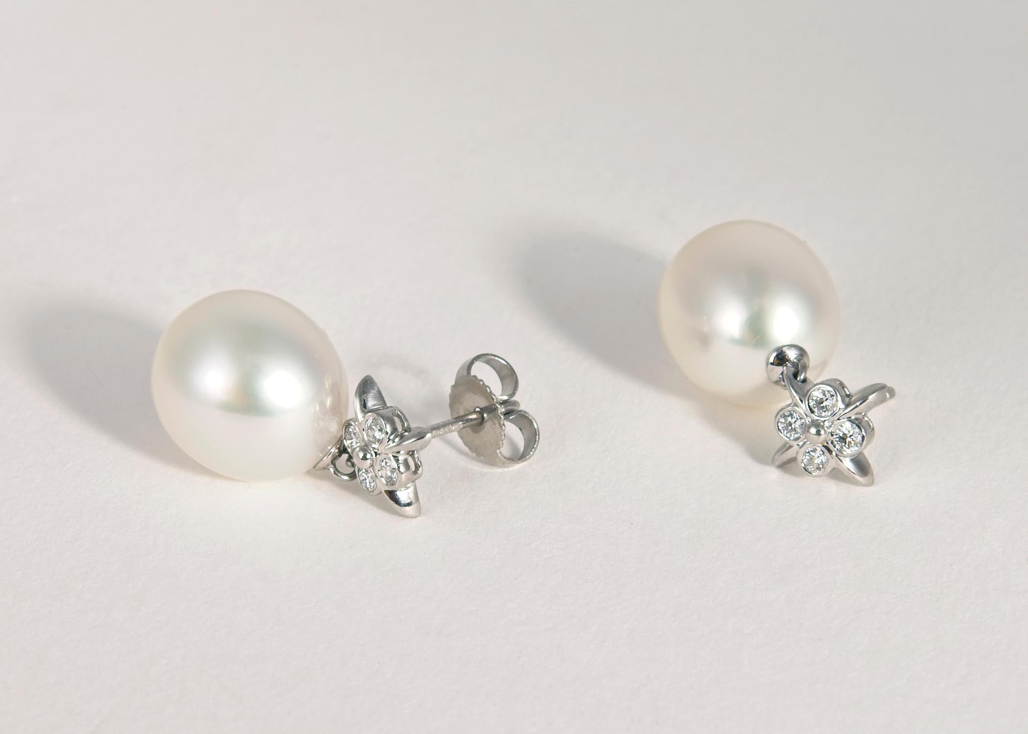 Classic Tiffany & Co. Platinum Pearl and Diamond Earrings In Excellent Condition In Atlanta, GA