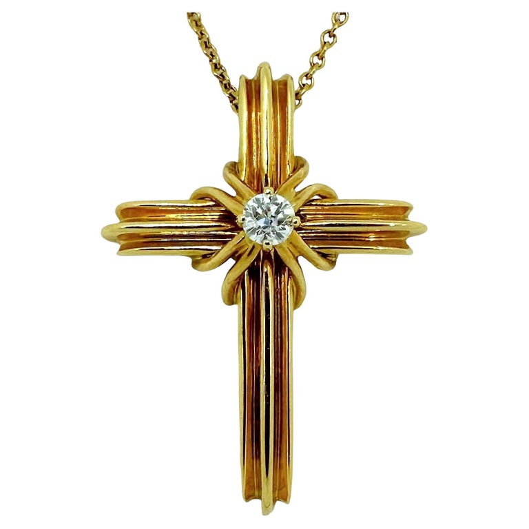 Classic Tiffany & Company 18K Yellow Gold and Diamond Cross on Tiffany  Chain For Sale
