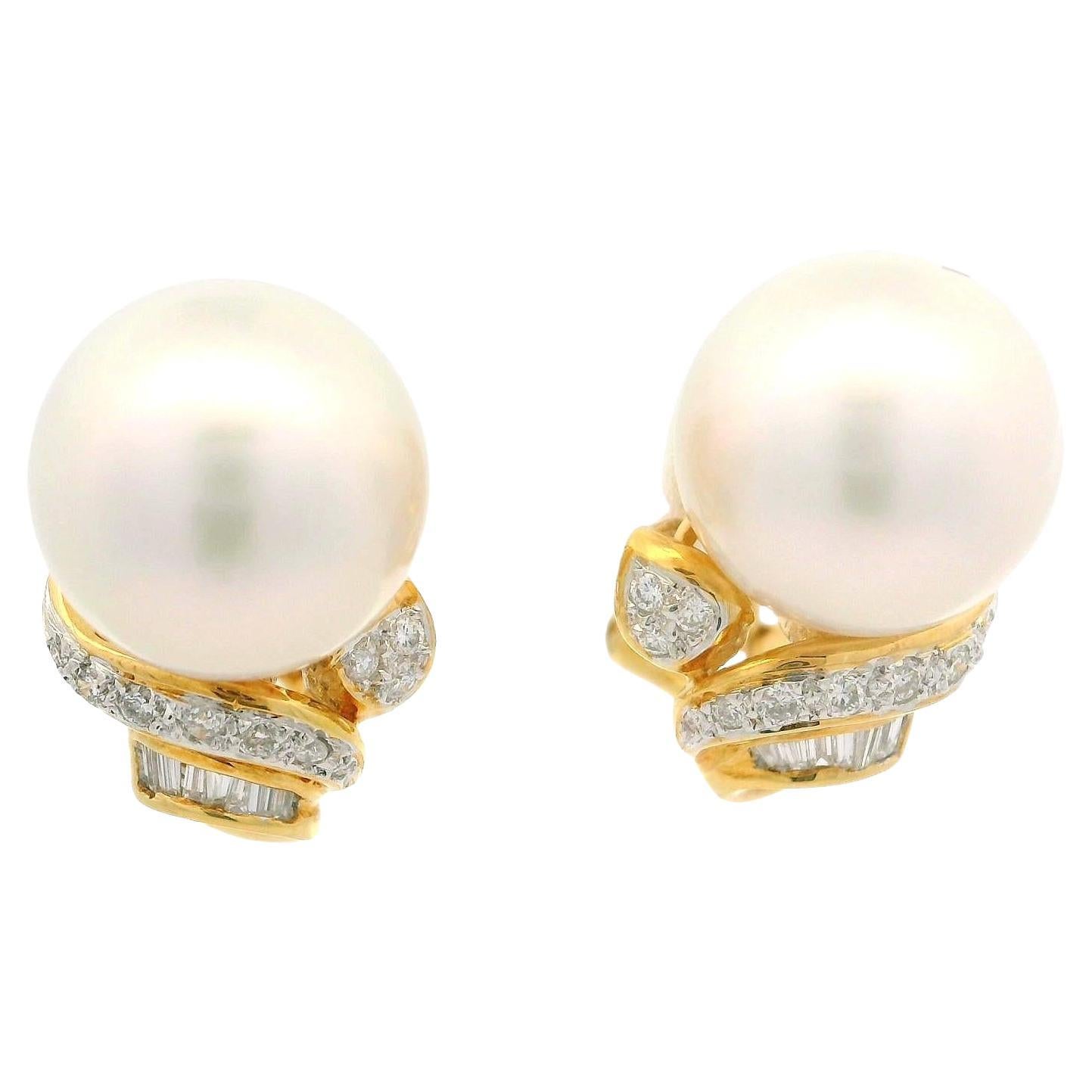 Classic Timeless 18k Yellow Gold 11.2mm Pearl 0.34ctw Diamond Omega Earrings