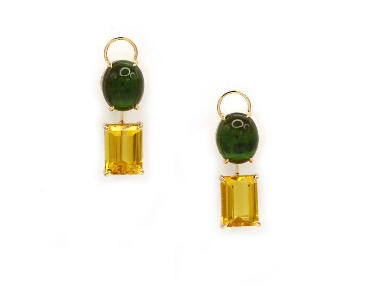 EARRINGS

Green Tourmaline -2 -9.61 Cts

Yellow Beryl - 2 - 11.43 Cts

18K Yellow Gold

Weight 7.24 GMS



Indulge in elegance with our exquisite floral collection earrings. Crafted with precision, these captivating dangle earrings boast 5.85 carats