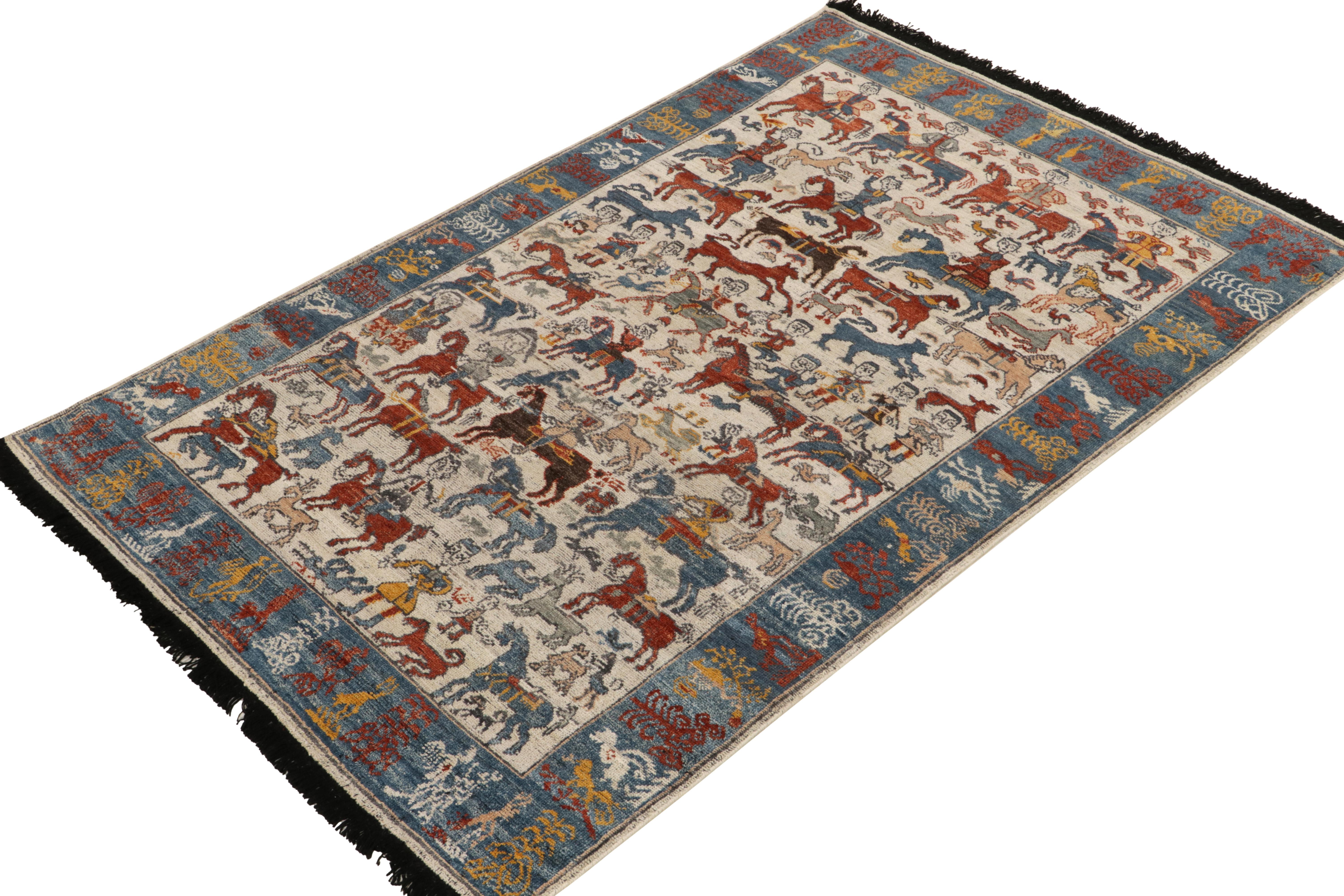 Indian Rug & Kilim's Classic Tribal Style Rug in White, Blue and Red Pictorial Pattern For Sale