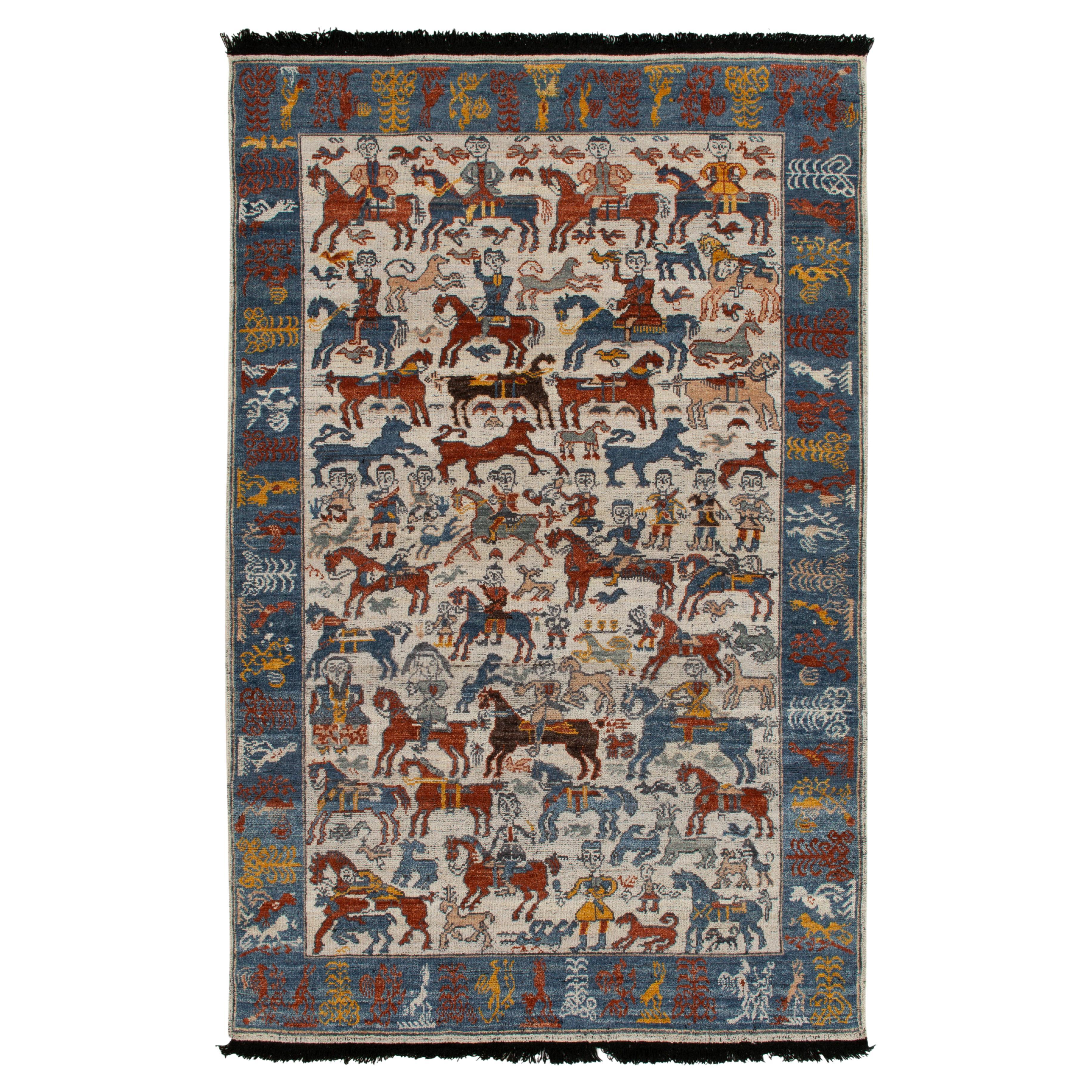 Classic Tribal Style Rug in White, Blue and Red Pictorial Pattern by Rug & Kilim