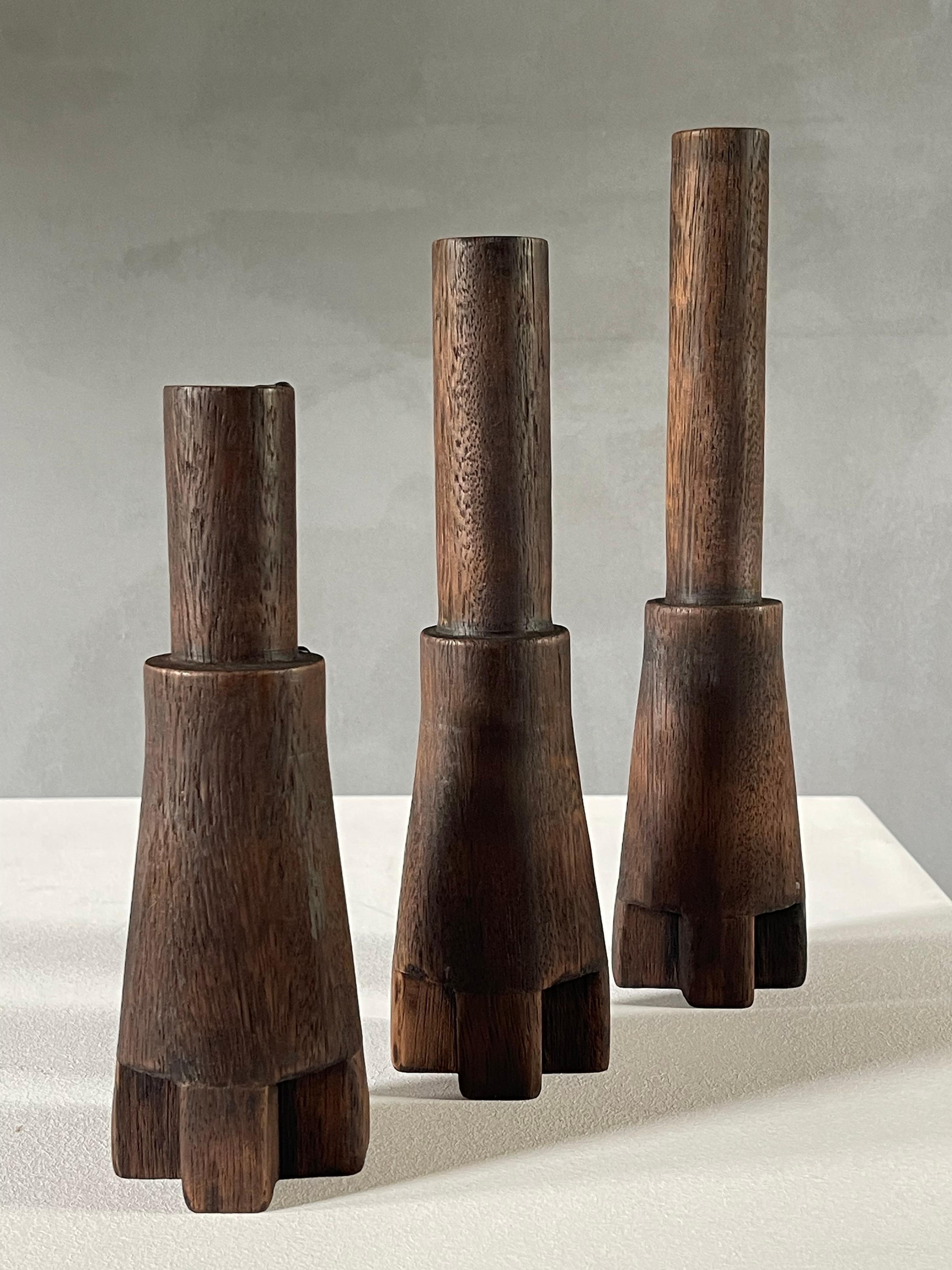 Belgian Classic trio candlesticks Burnt Iroko Wood - Arno Declercq For Sale