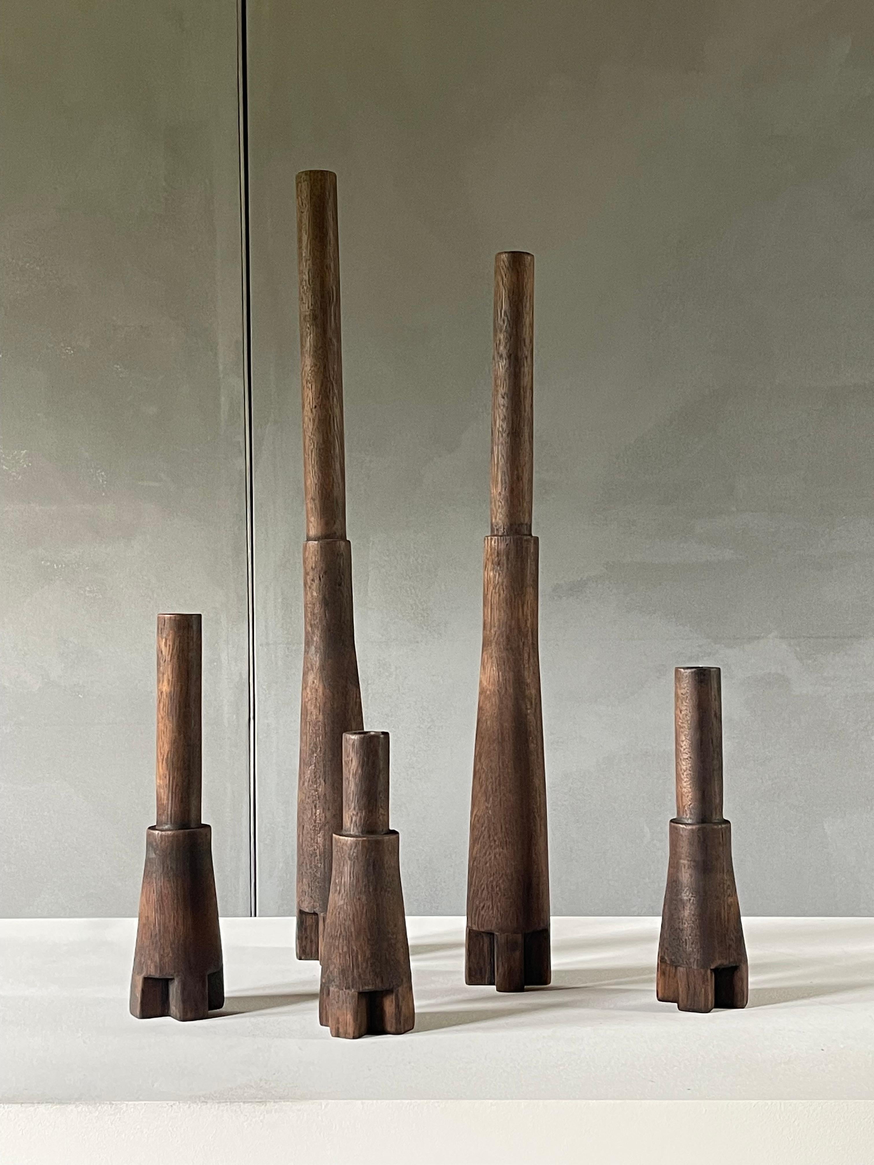 Contemporary Classic trio candlesticks Burnt Iroko Wood - Arno Declercq For Sale