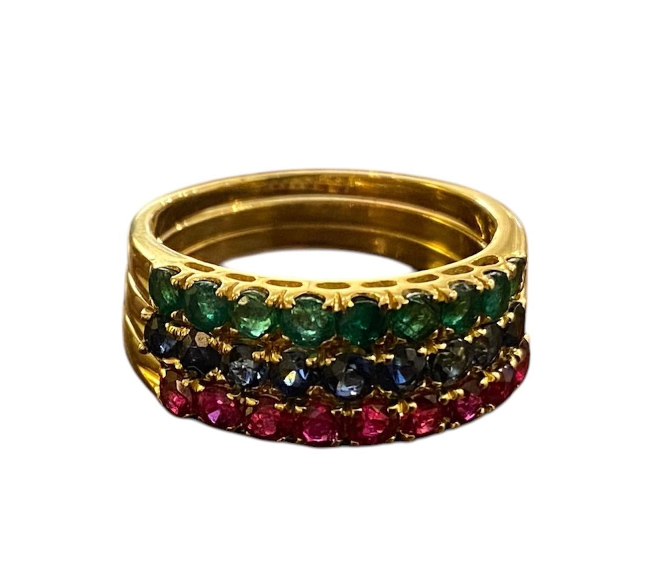 Modern Classic Triple Gold Ring, Rubies, Emeralds and Sapphires For Sale