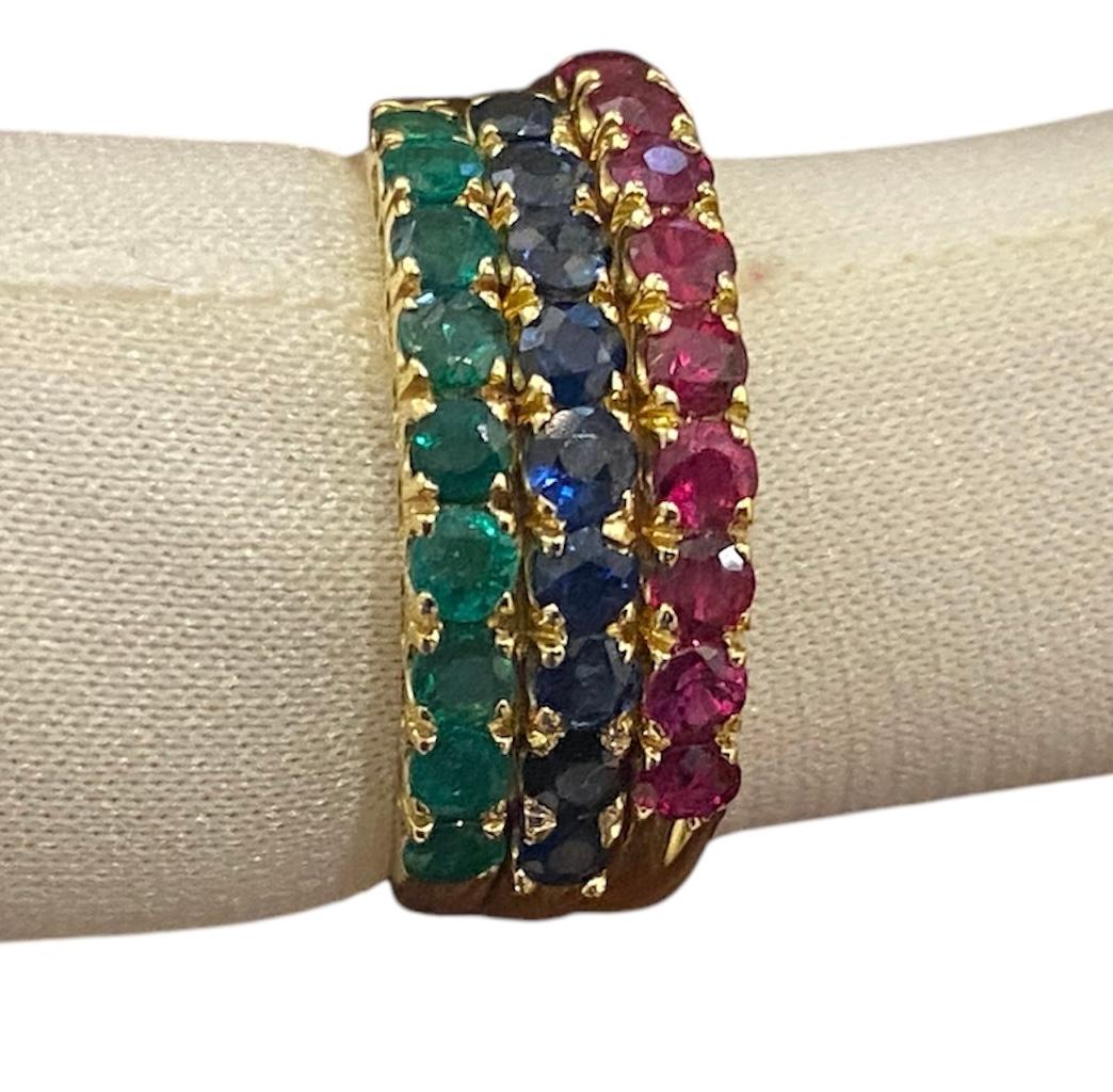 Women's or Men's Classic Triple Gold Ring, Rubies, Emeralds and Sapphires For Sale
