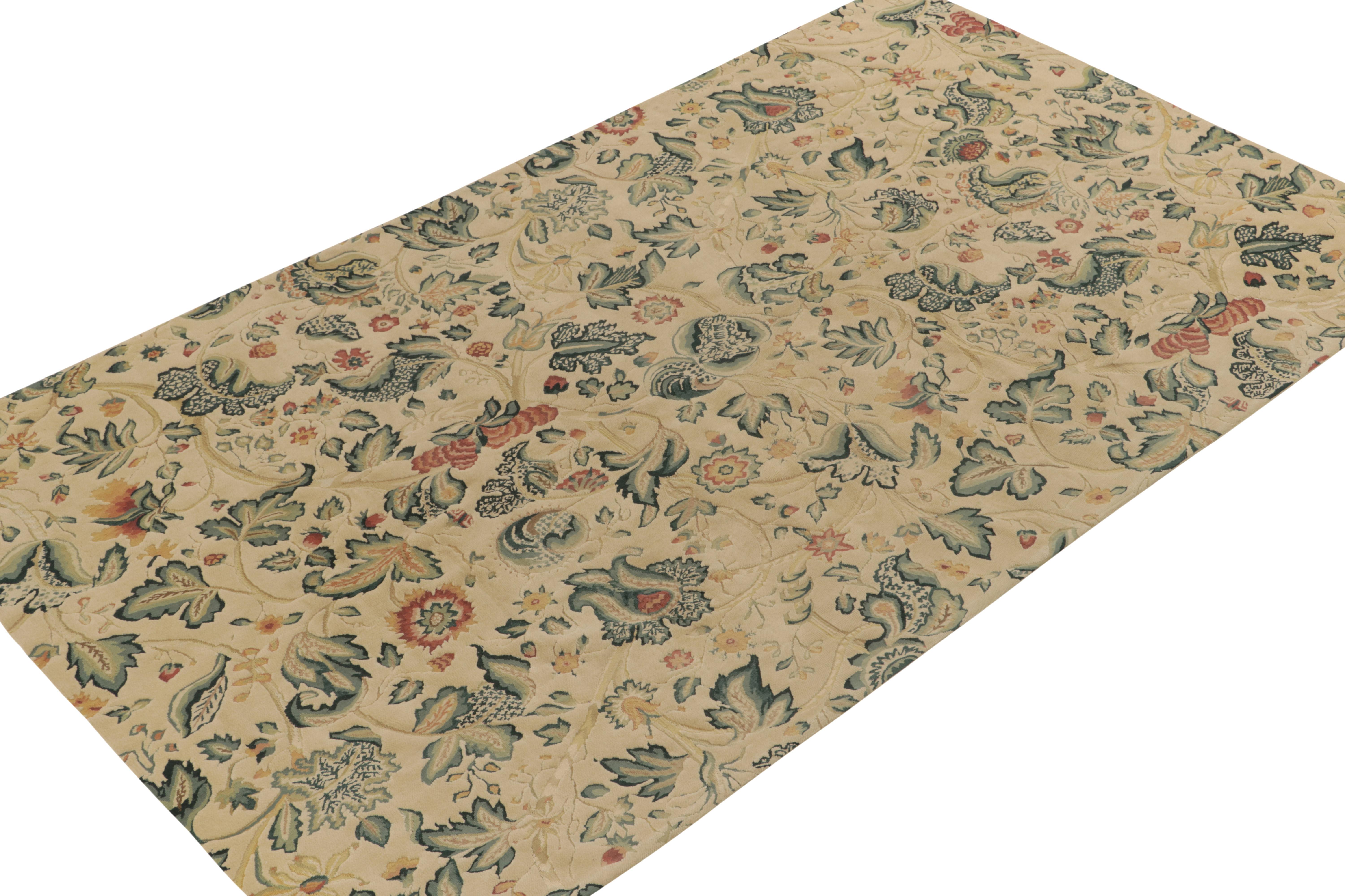 Indian Rug & Kilim's Classic Tudor Style Rug in Cream and Green Floral Pattern For Sale