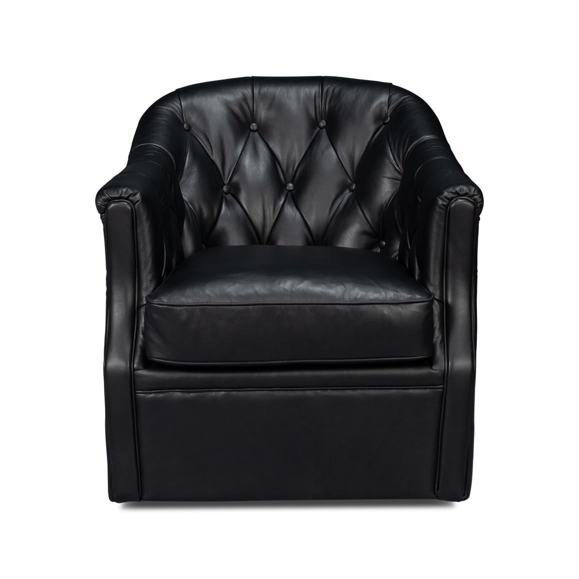 Ein klassischer ledergepolsterter Sessel mit Wannenlehne. Aus schwarzem Onyx-Leder, mit getufteter Rückenlehne und gepolstertem Sitz, auf einem drehbaren Fuß.
Abmessungen: 30