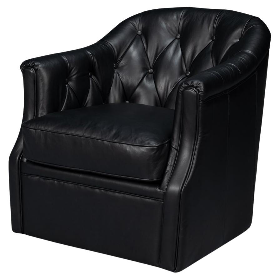Classic Tufted Black Leather Armchair For Sale
