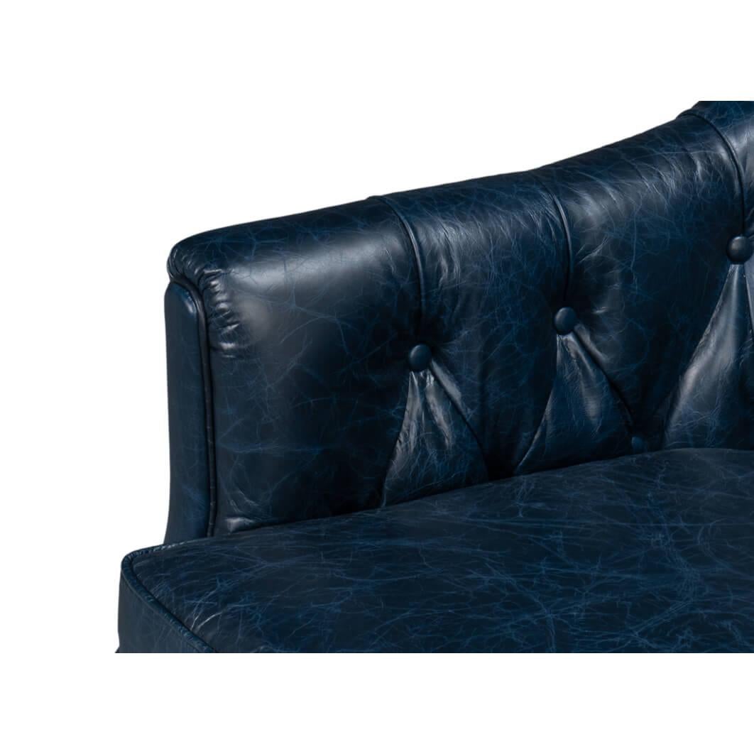Classic Tufted Blue Leather Armchair For Sale 4