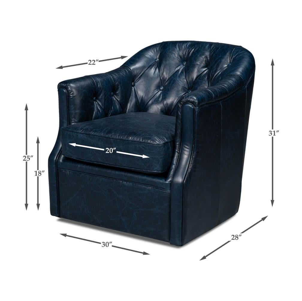 Classic Tufted Blue Leather Armchair For Sale 6