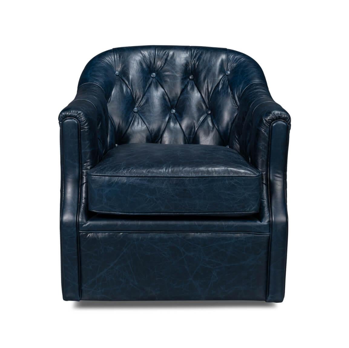 A classic leather upholstered tub back armchair. In our Chateau Blue leather with button tufted backrest and a cushioned seat, raised on a swivel base.
Dimensions: 30