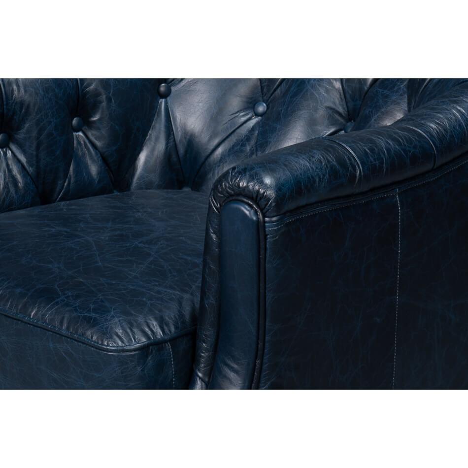 Contemporary Classic Tufted Blue Leather Armchair For Sale