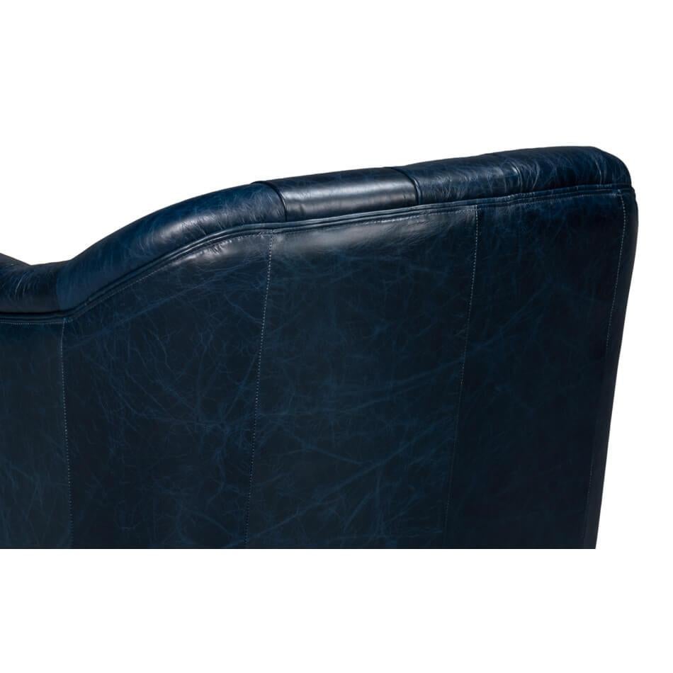 Classic Tufted Blue Leather Armchair For Sale 1