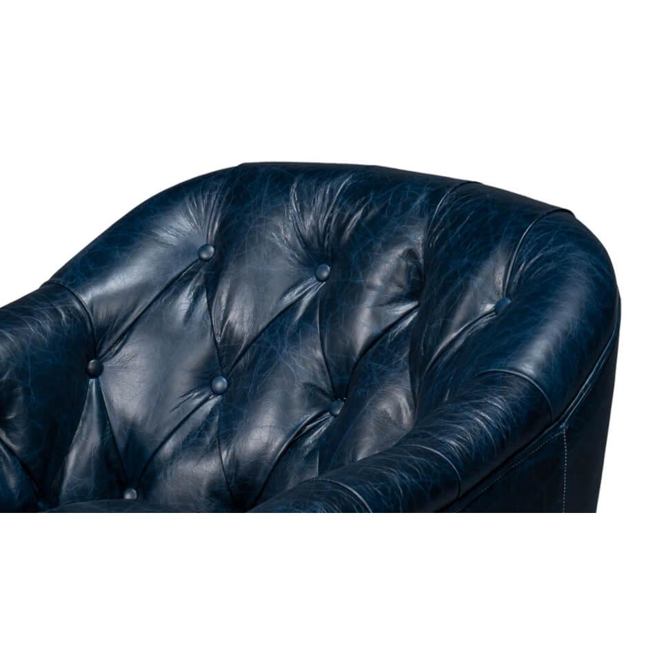 Classic Tufted Blue Leather Armchair For Sale 2