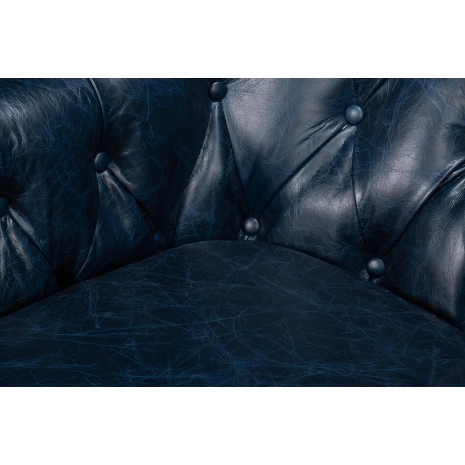 Classic Tufted Blue Leather Armchair For Sale 3