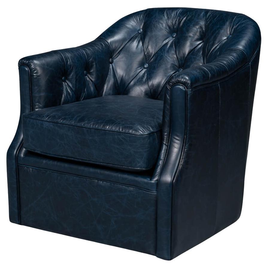 Classic Tufted Blue Leather Armchair For Sale