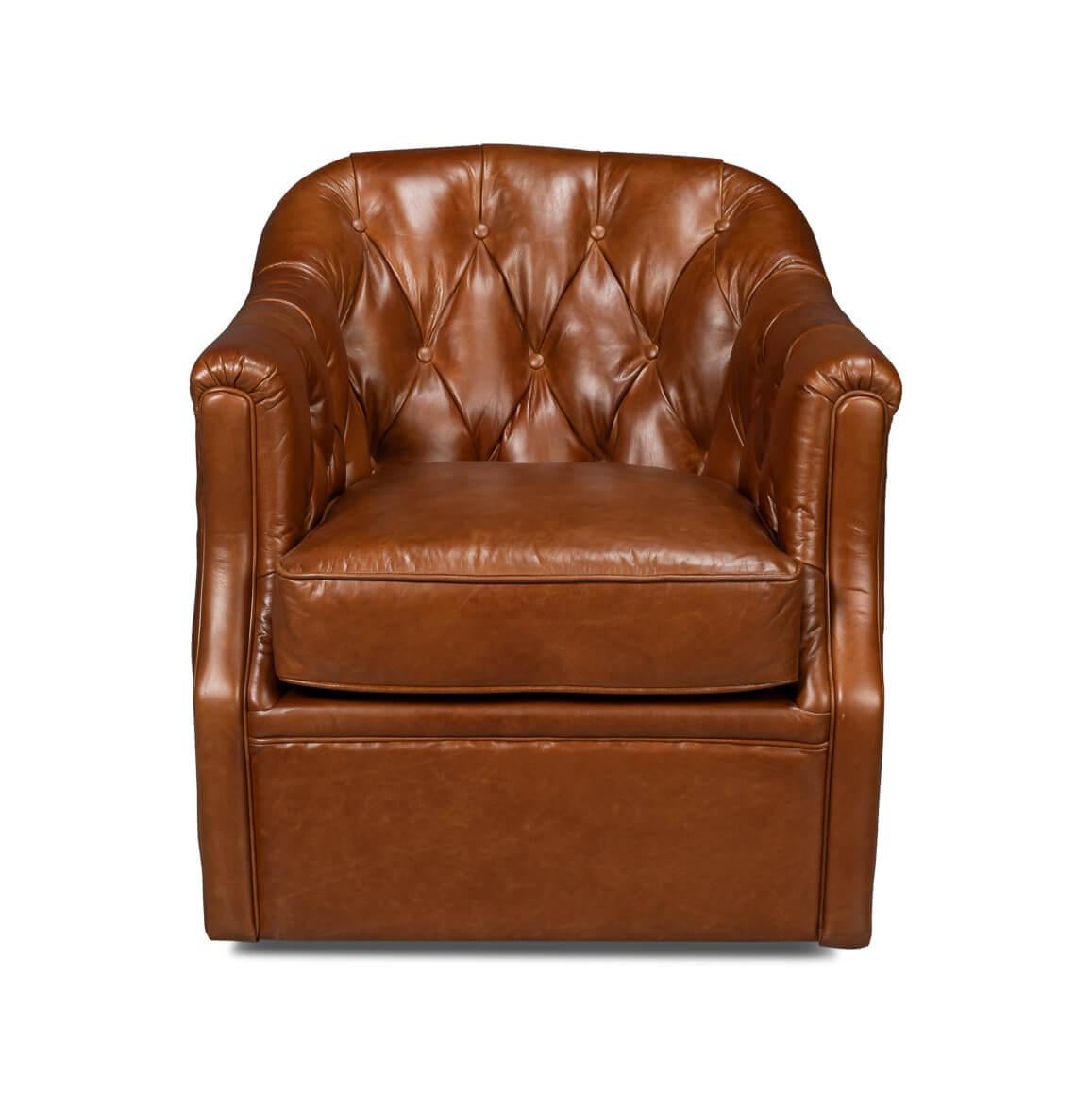 A classic leather upholstered tub back armchair. In our Havana Brown leather with button tufted backrest and a cushioned seat, raised on a swivel base.
Dimensions: 30