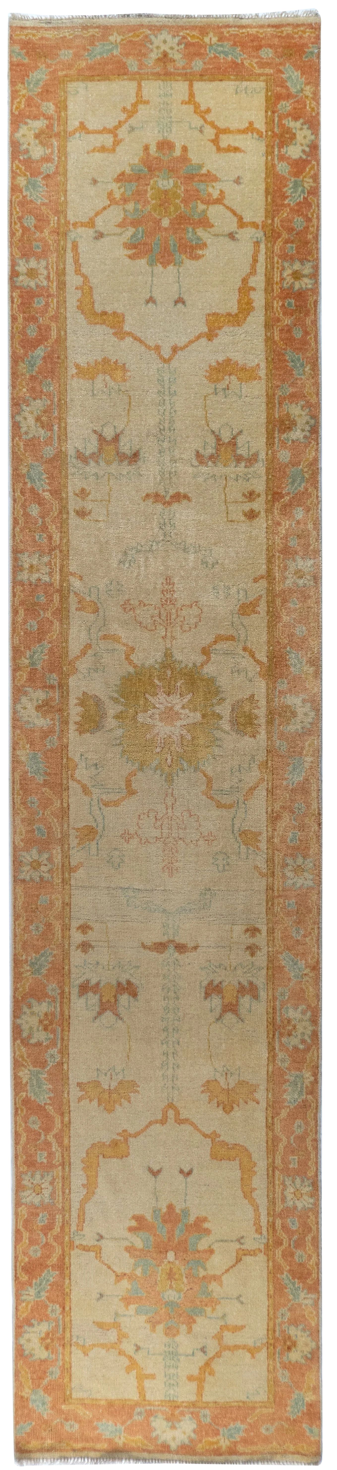 Classic Turkish Hand-Knotted Oushak Wool Long Runner Rug 3x13