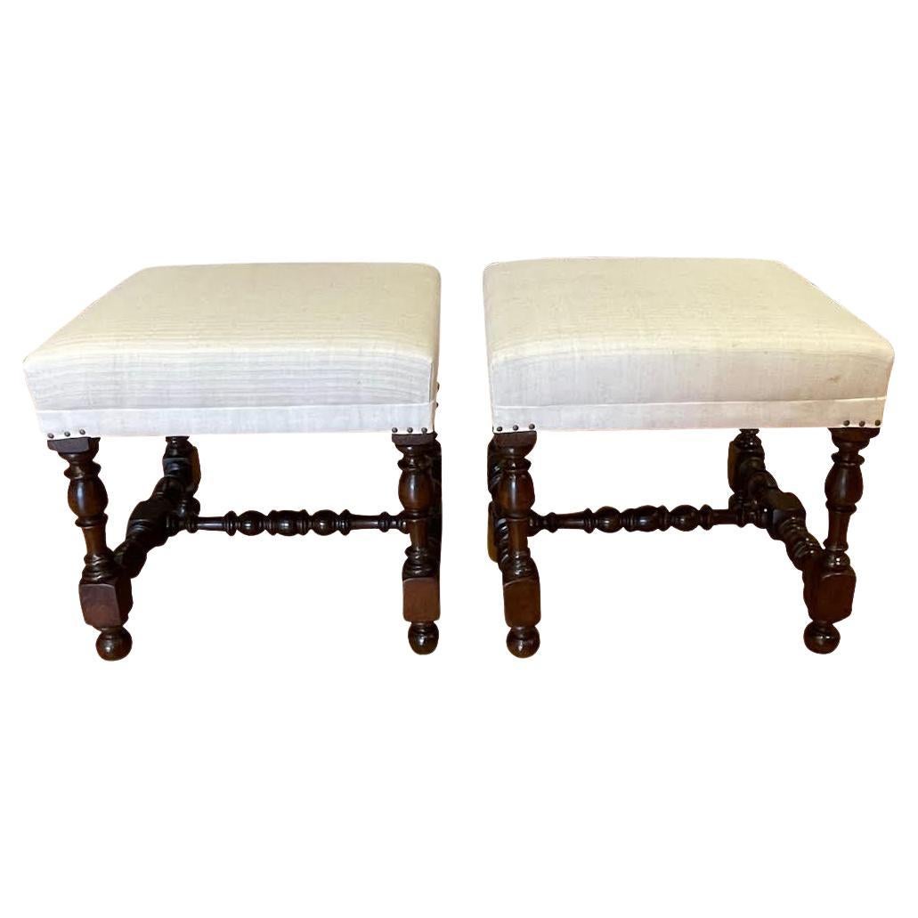 Classic Turned Leg Upholstered Pair Footstools, Italy 19th Century For Sale