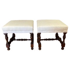 Classic Turned Leg Upholstered Pair Footstools, Italy 19th Century