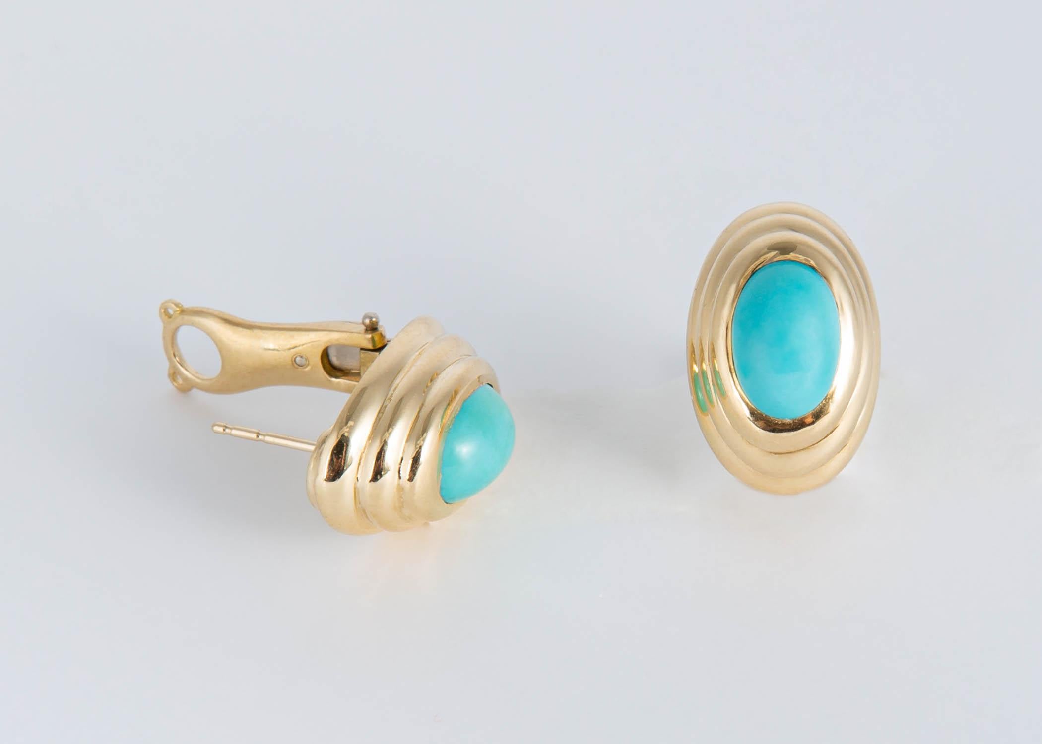 Cabochon Classic Turquoise and Gold Earrings For Sale