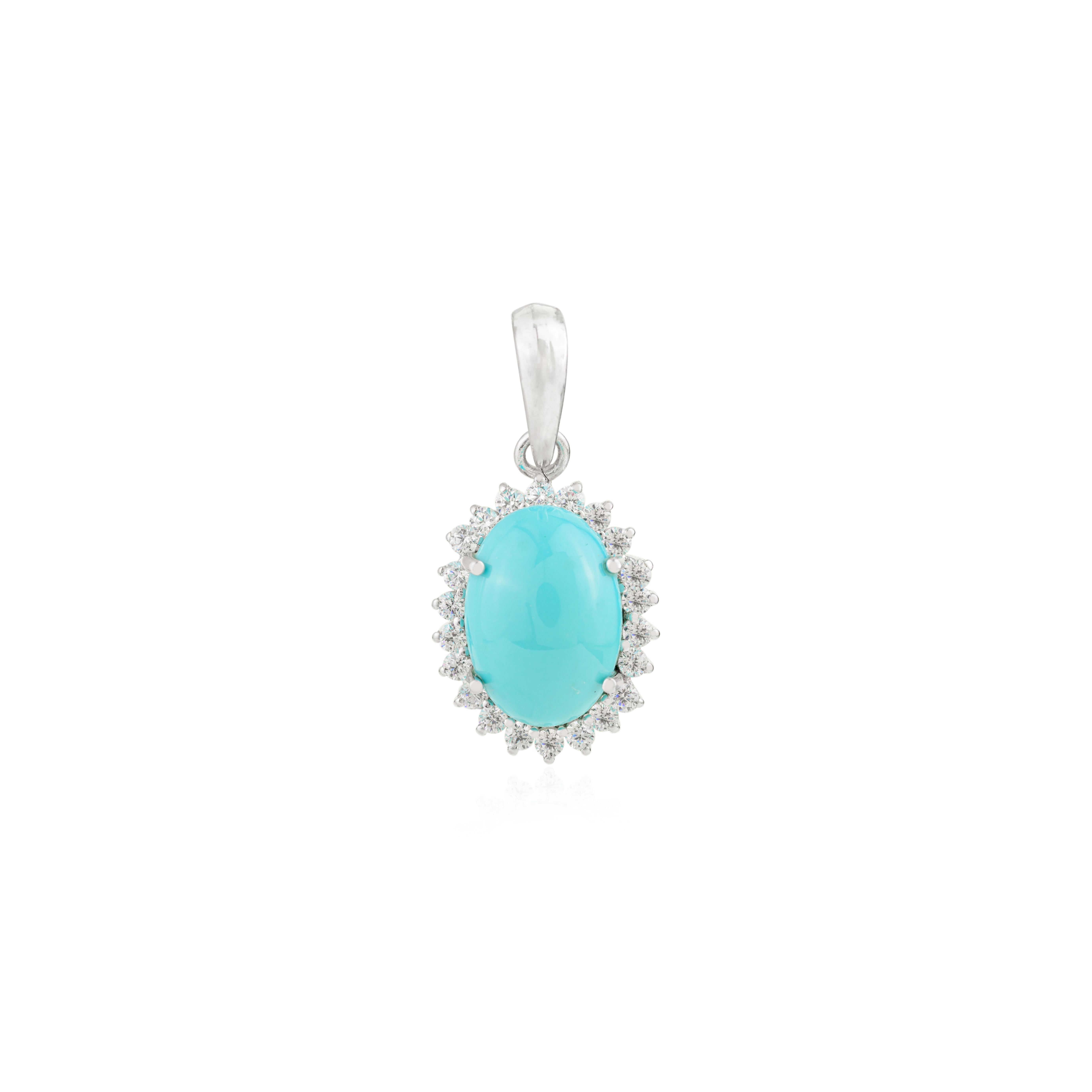 Pendentif Halo classique en argent 925 pour femmes avec turquoise et CZ en vente 2