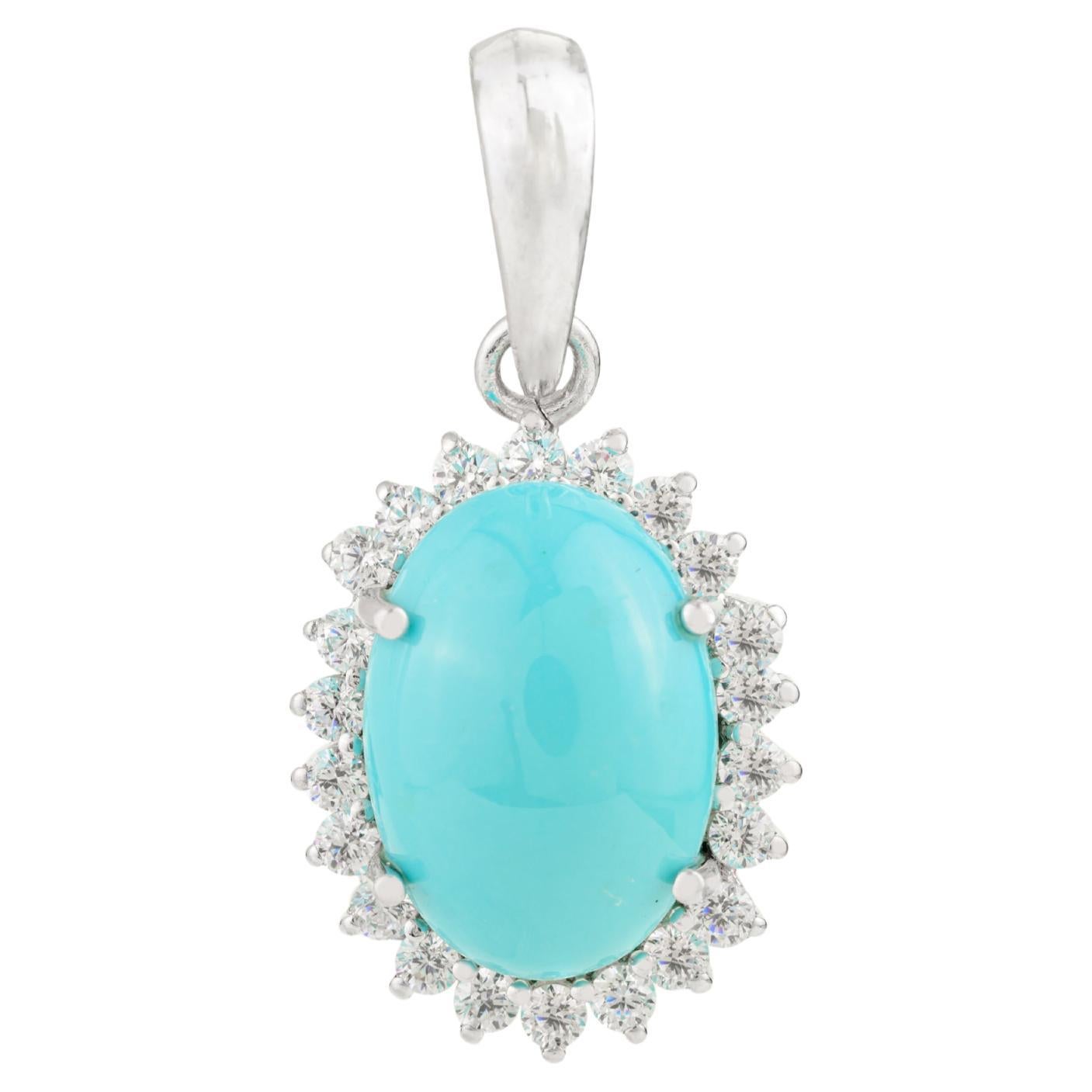 Pendentif Halo classique en argent 925 pour femmes avec turquoise et CZ en vente