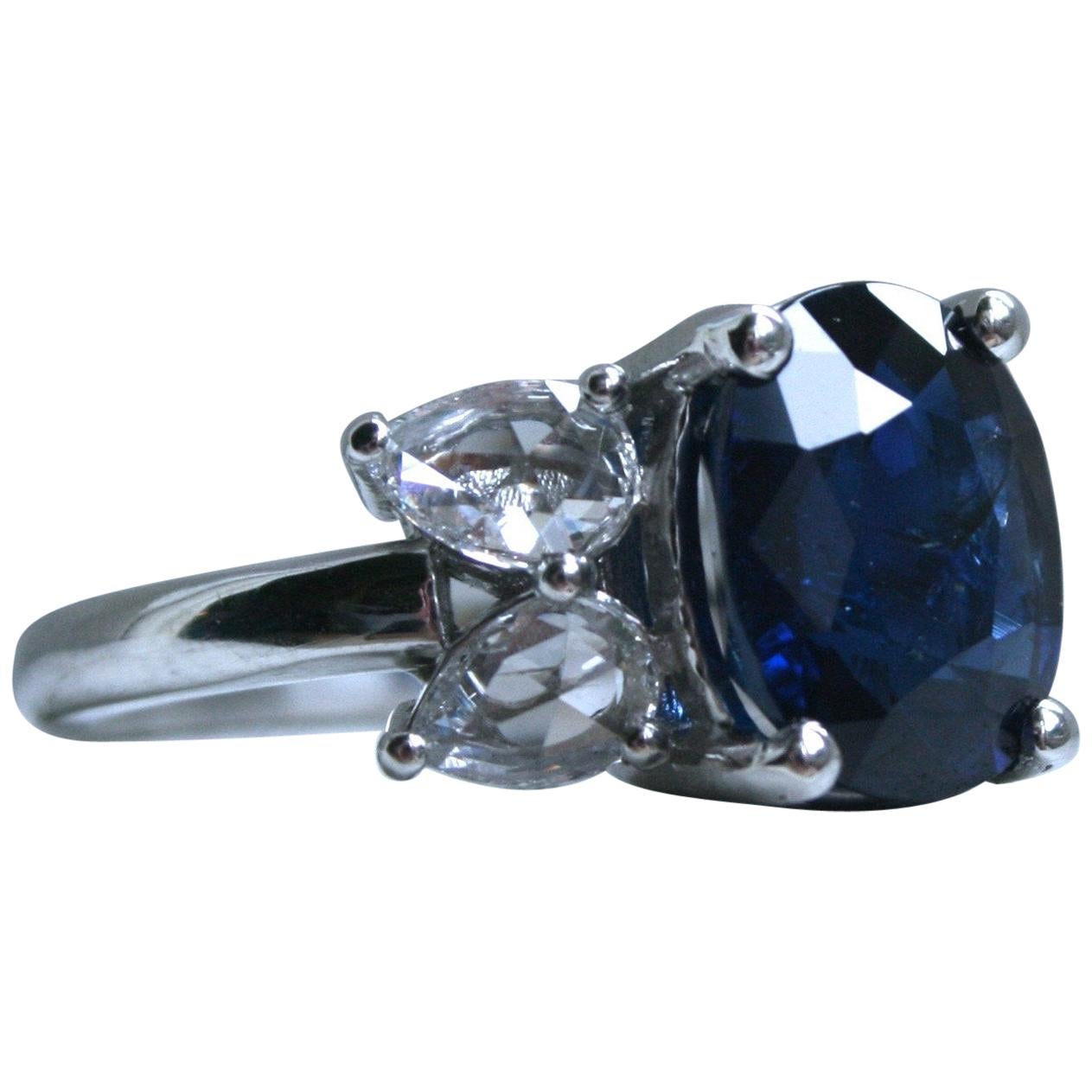 Classic Unheated GIA Sapphire Diamond Ring in Platinum, 5.40 Carat
